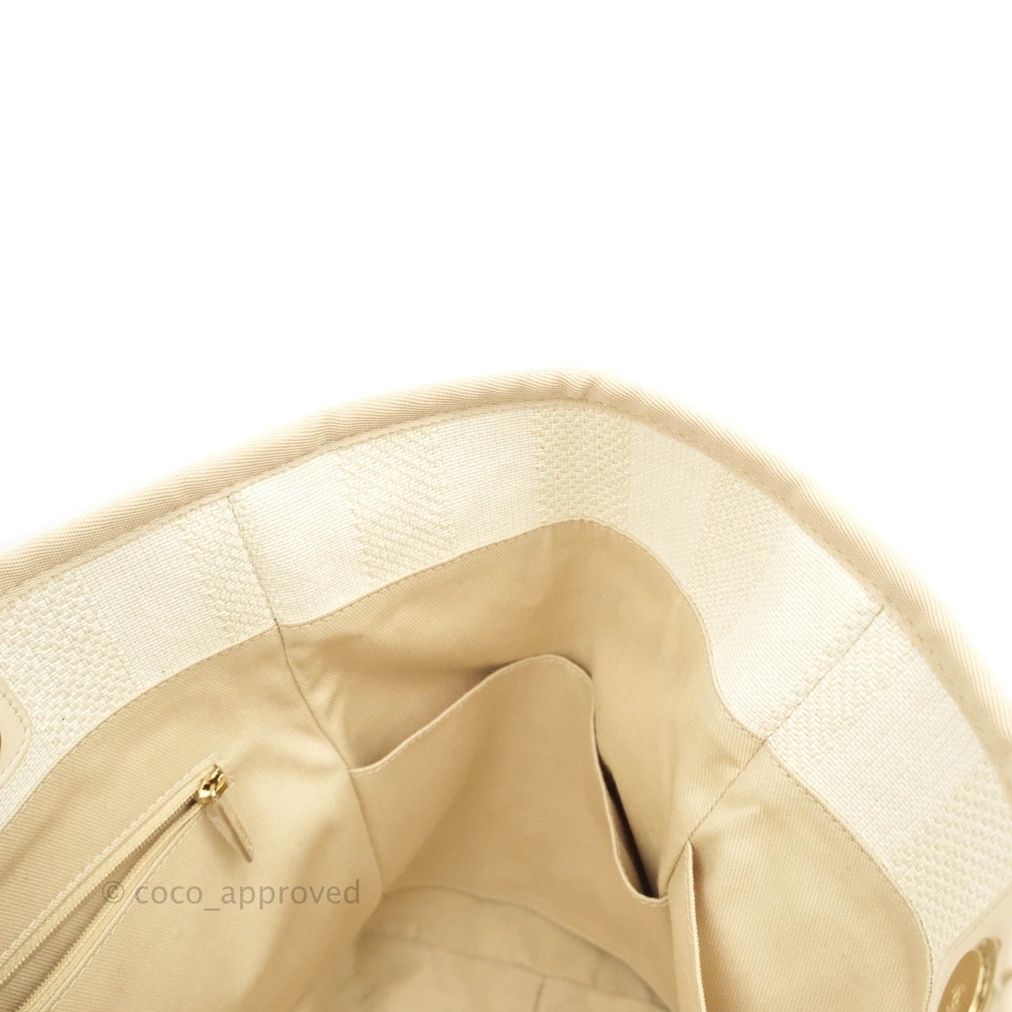 Chanel Large Deauville Light Beige Stripe Canvas Gold Hardware