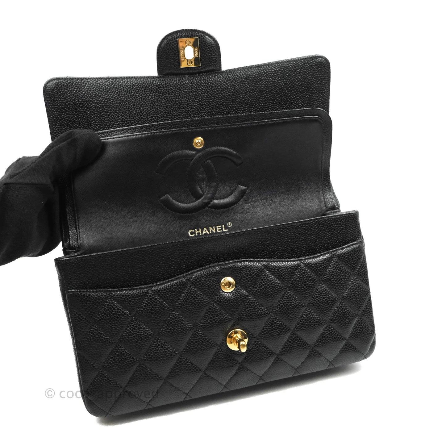 Chanel Classic M/L Medium Double Flap Black Caviar 24K Gold Hardware