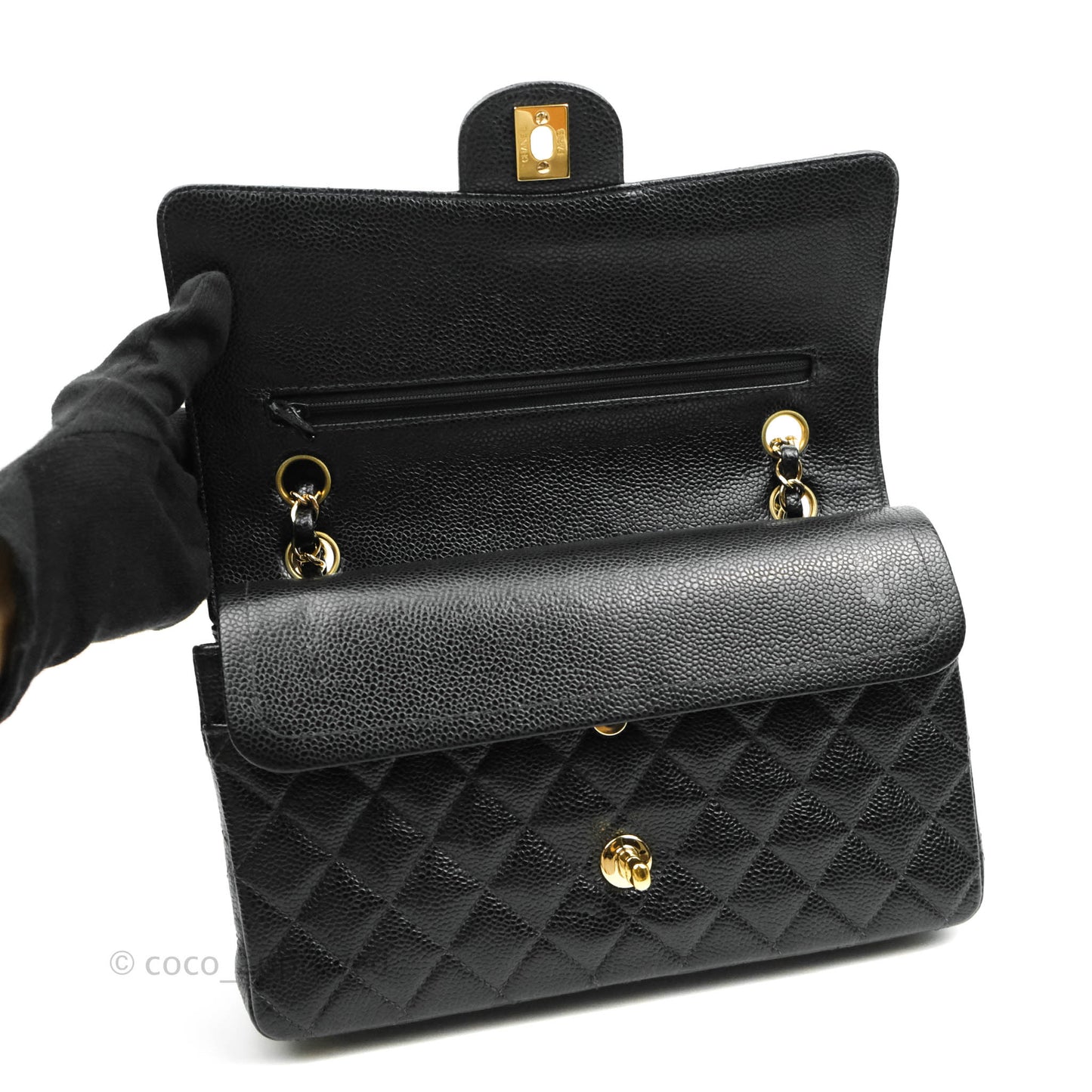 Chanel Classic M/L Medium Double Flap Black Caviar 24K Gold Hardware
