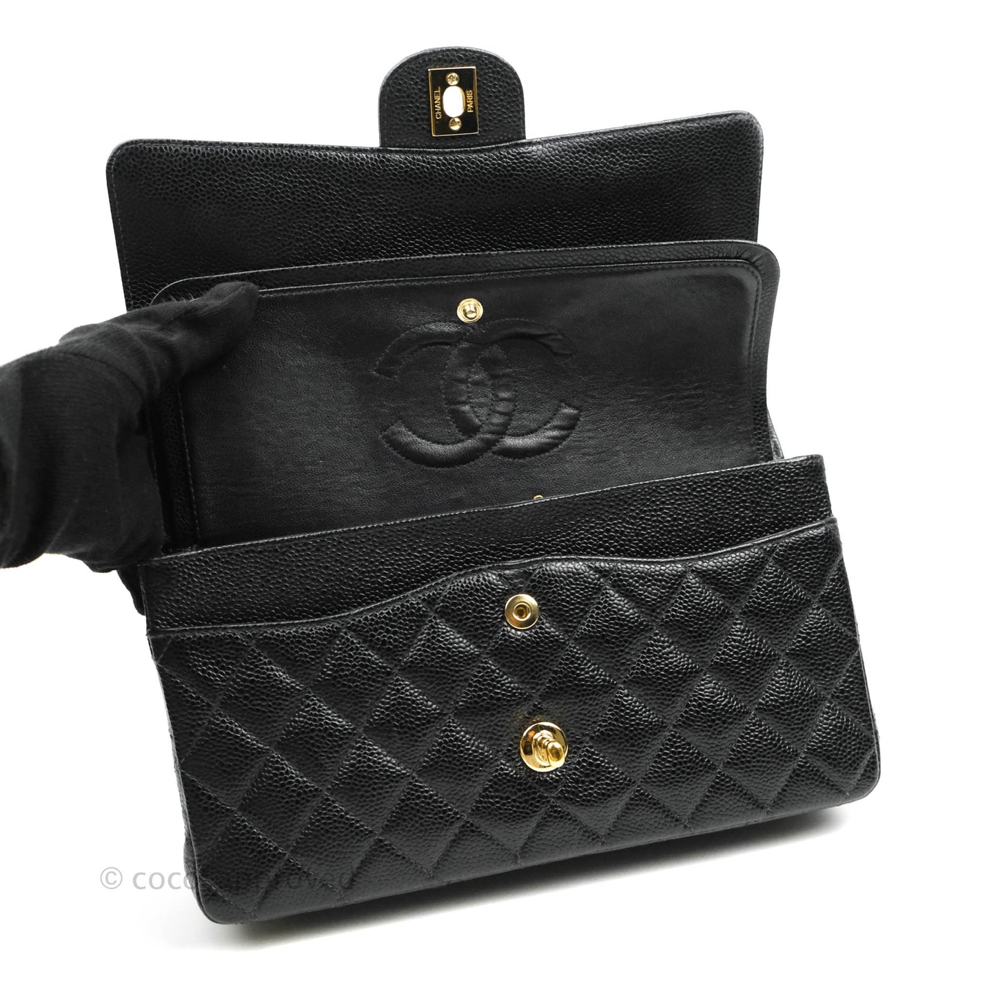 Chanel Classic M/L Medium Double Flap Black Caviar 24K Gold Hardware