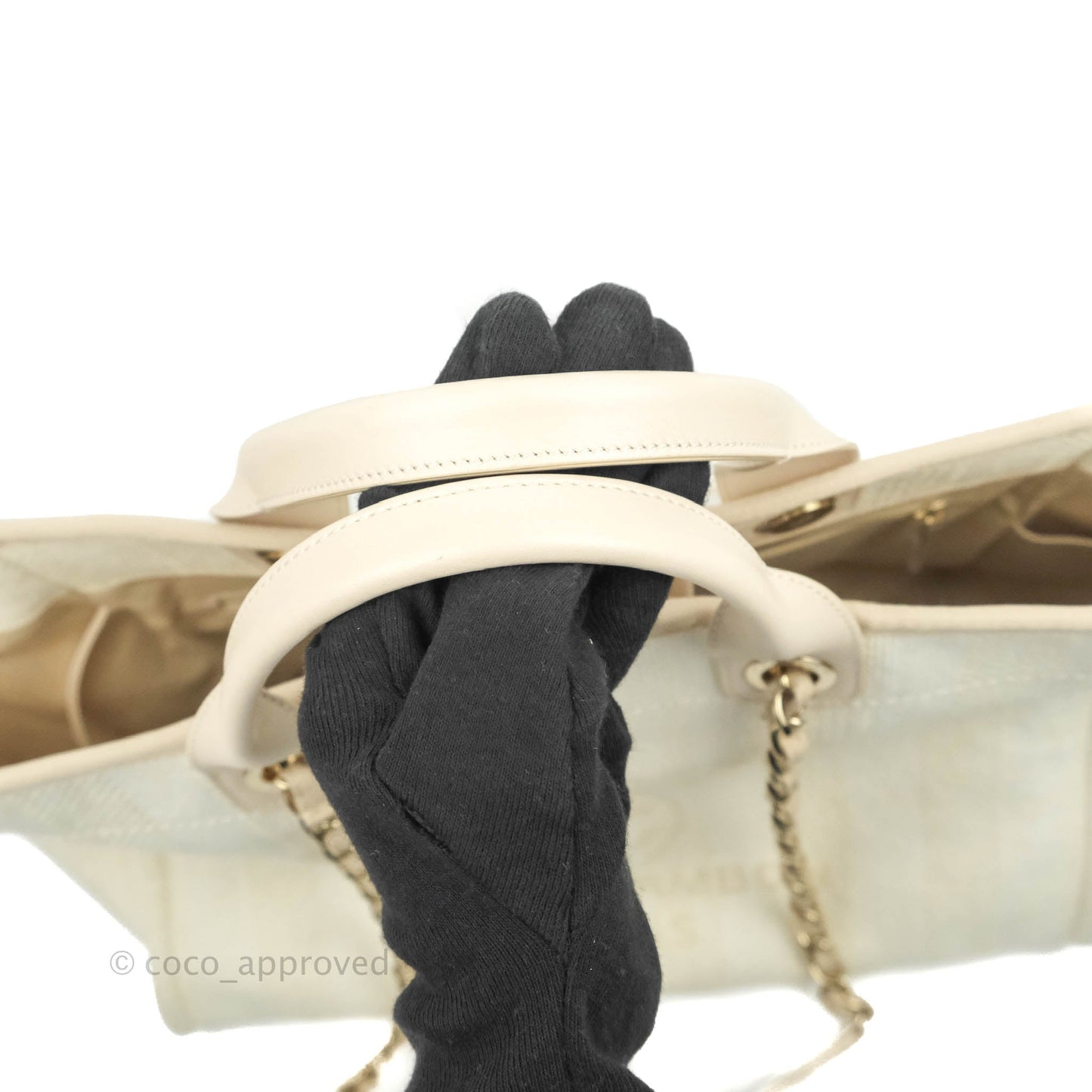 Chanel Large Deauville Light Beige Stripe Canvas Gold Hardware