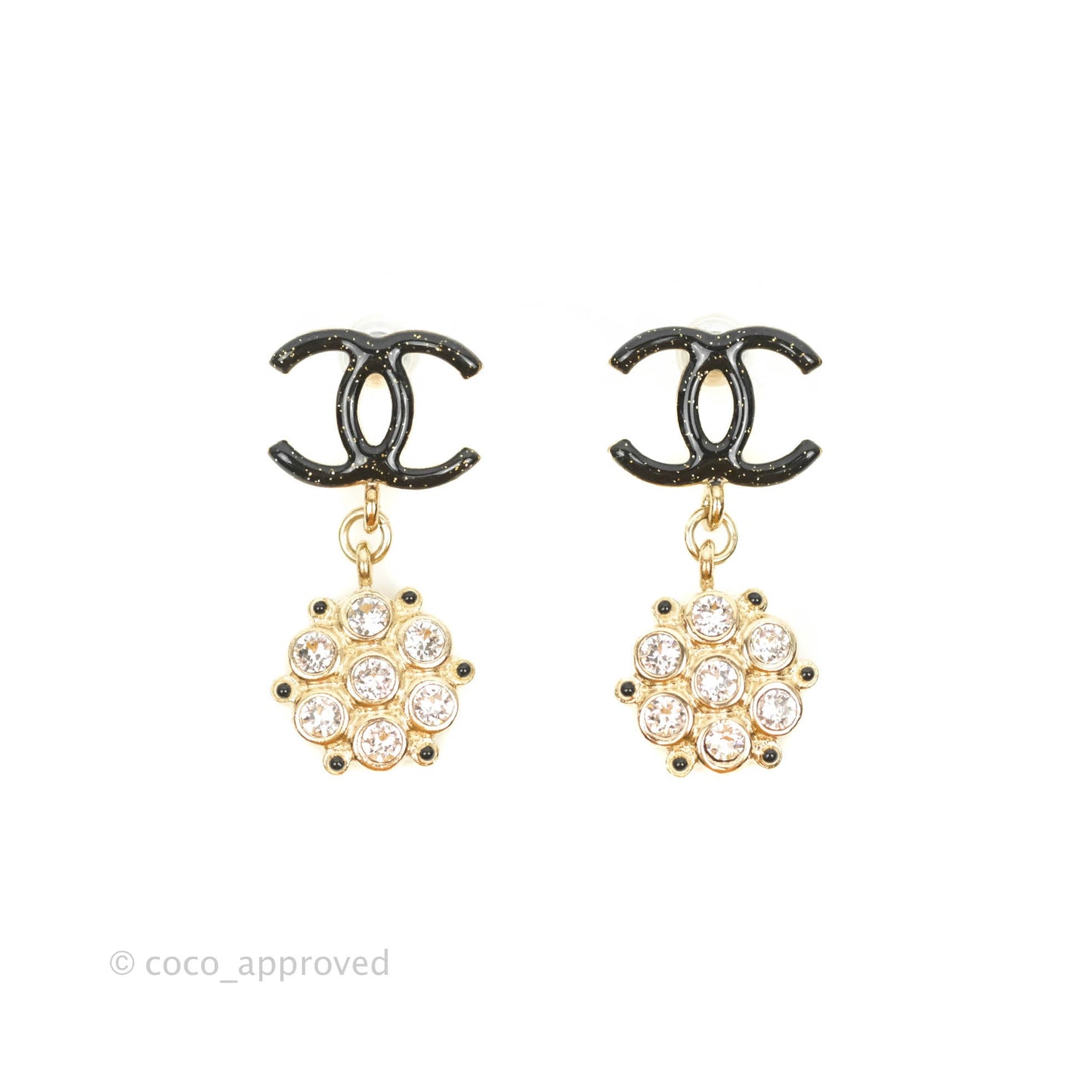 Chanel Glitter Black CC Crystal Drop Earrings Gold Hardware 19B