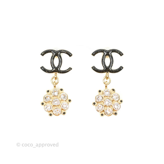 Chanel Glitter Black CC Crystal Drop Earrings Gold Hardware 19B