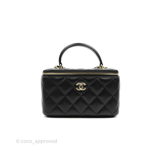 Chanel Classic Vanity Rectangular Top Handle With Chain Black Lambskin Gold Hardware