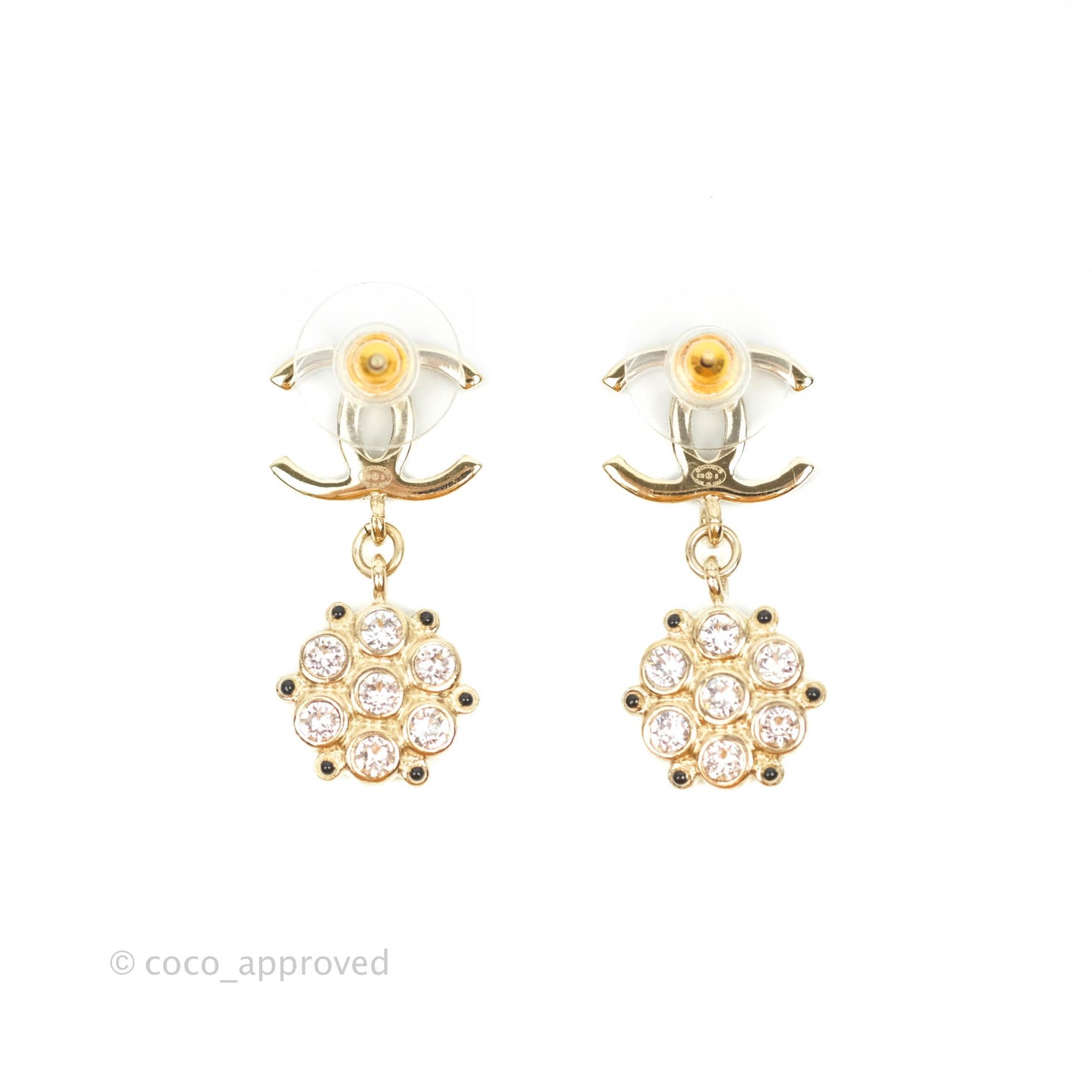 Chanel Glitter Black CC Crystal Drop Earrings Gold Hardware 19B