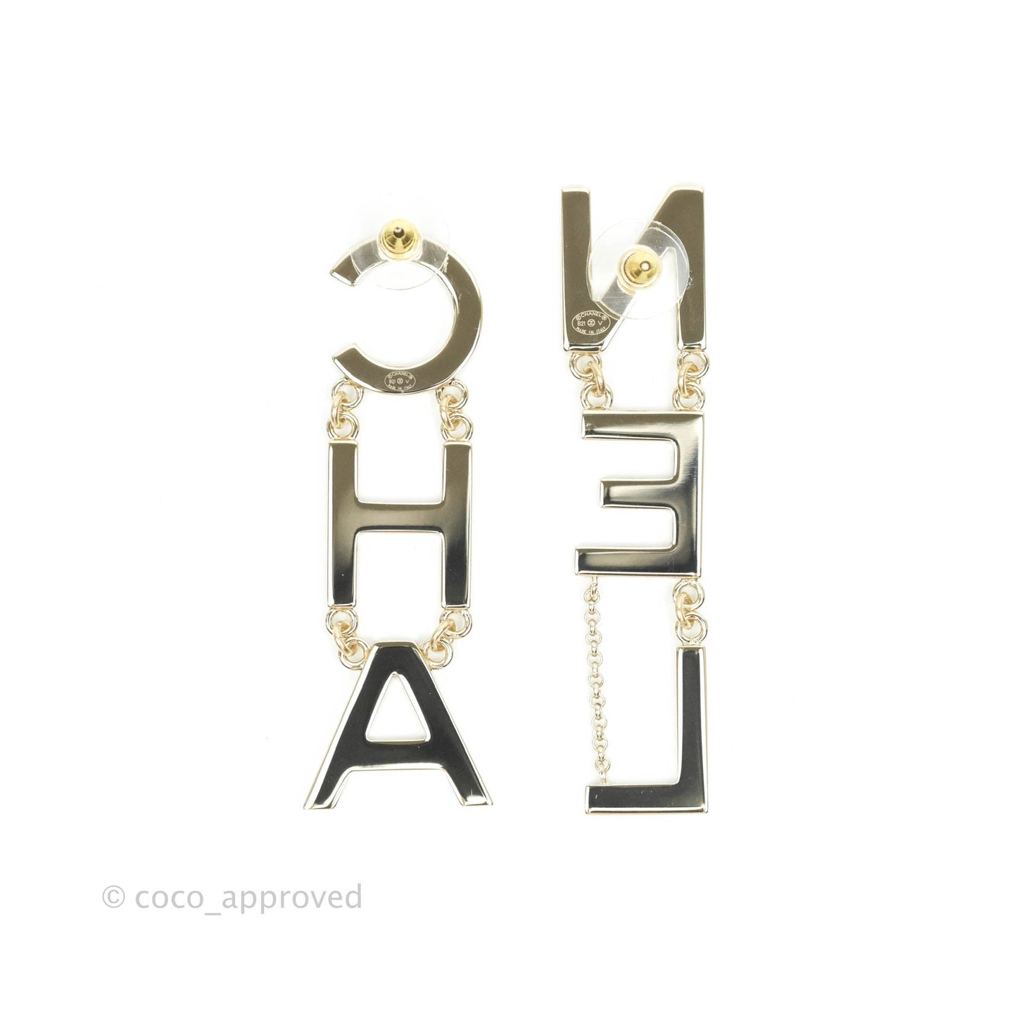 Chanel Letter Cha-Nel Logo Drop Earrings Gold Tone 21V