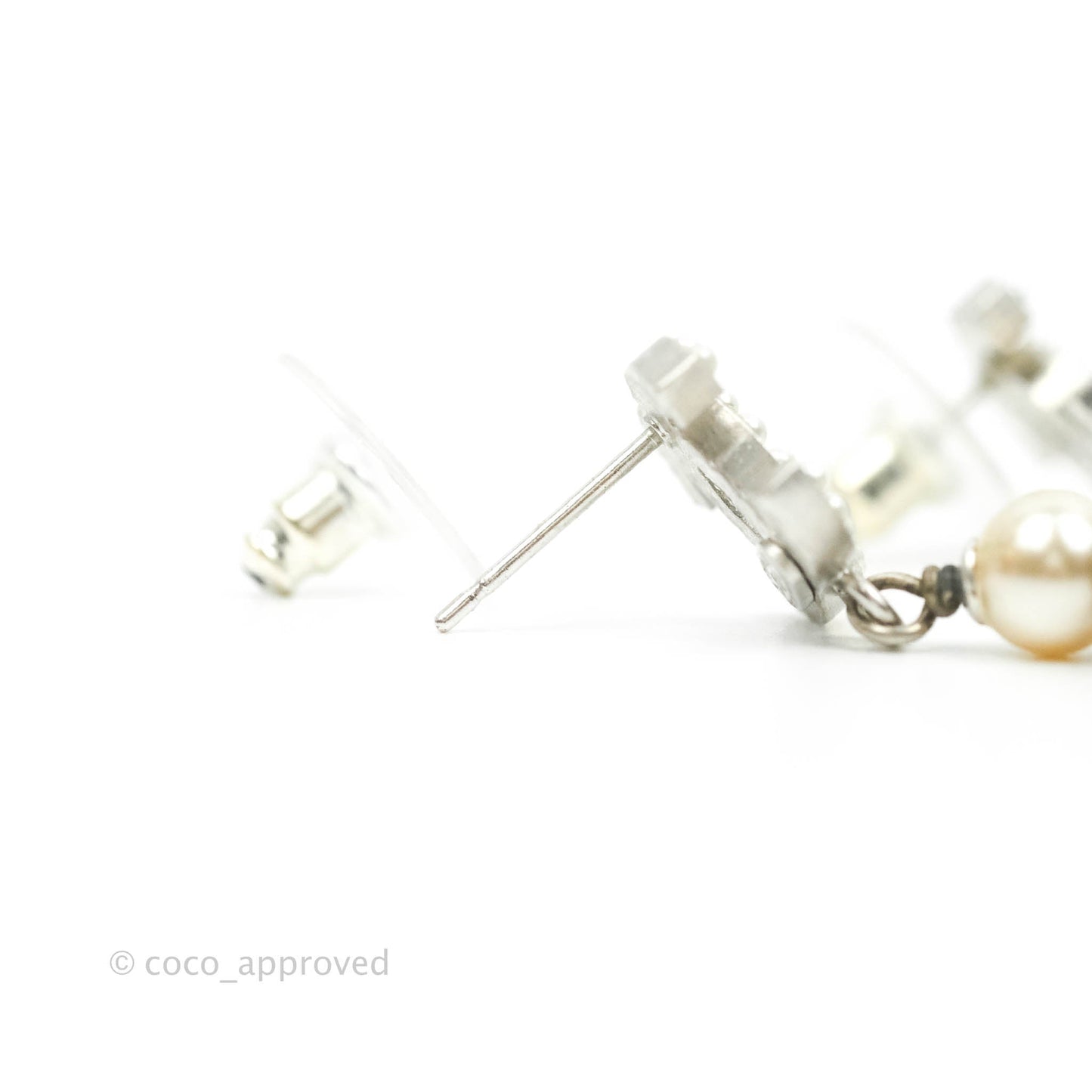 Chanel Crystal CC Drop Pearl Earrings Silver Tone
