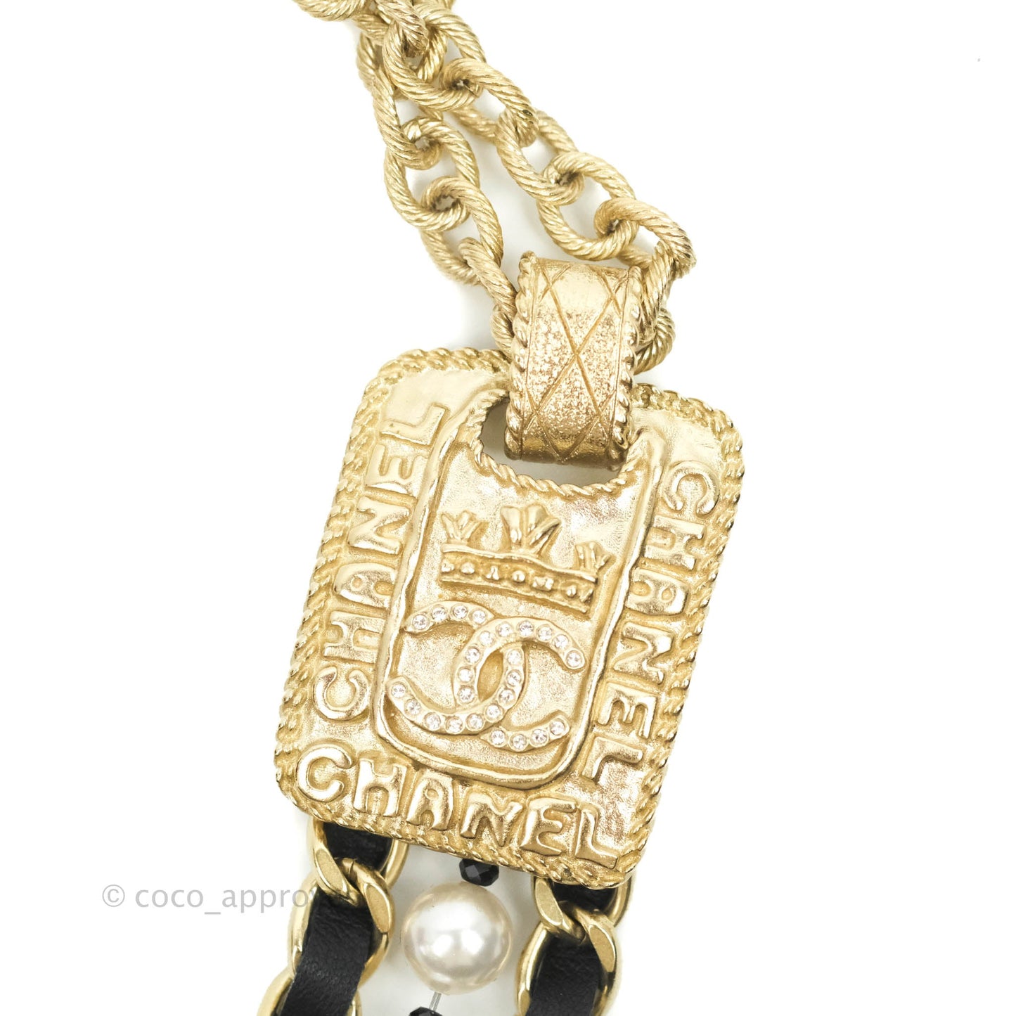 Chanel Crystal CC Pearl Chain Necklace Gold Tone 21A