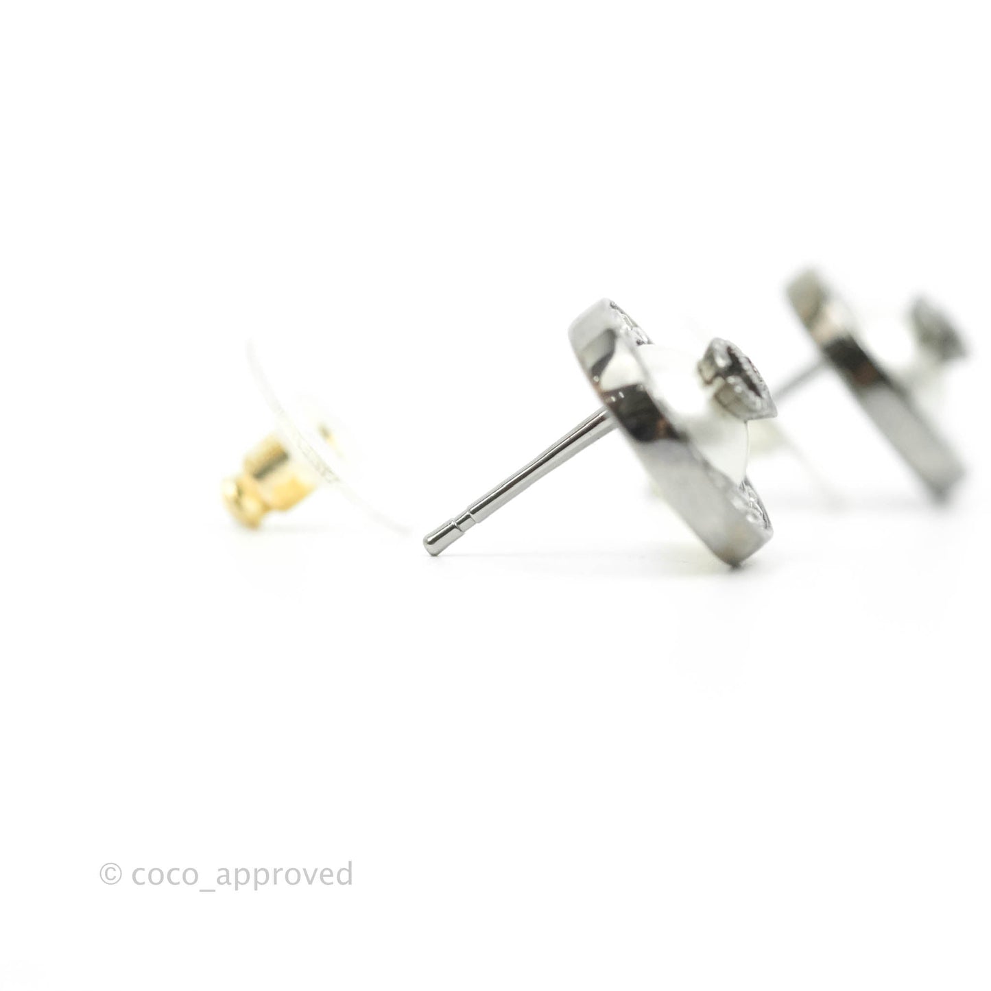 Chanel CC Pearl Crystal Round Earrings Gun Metal 21A