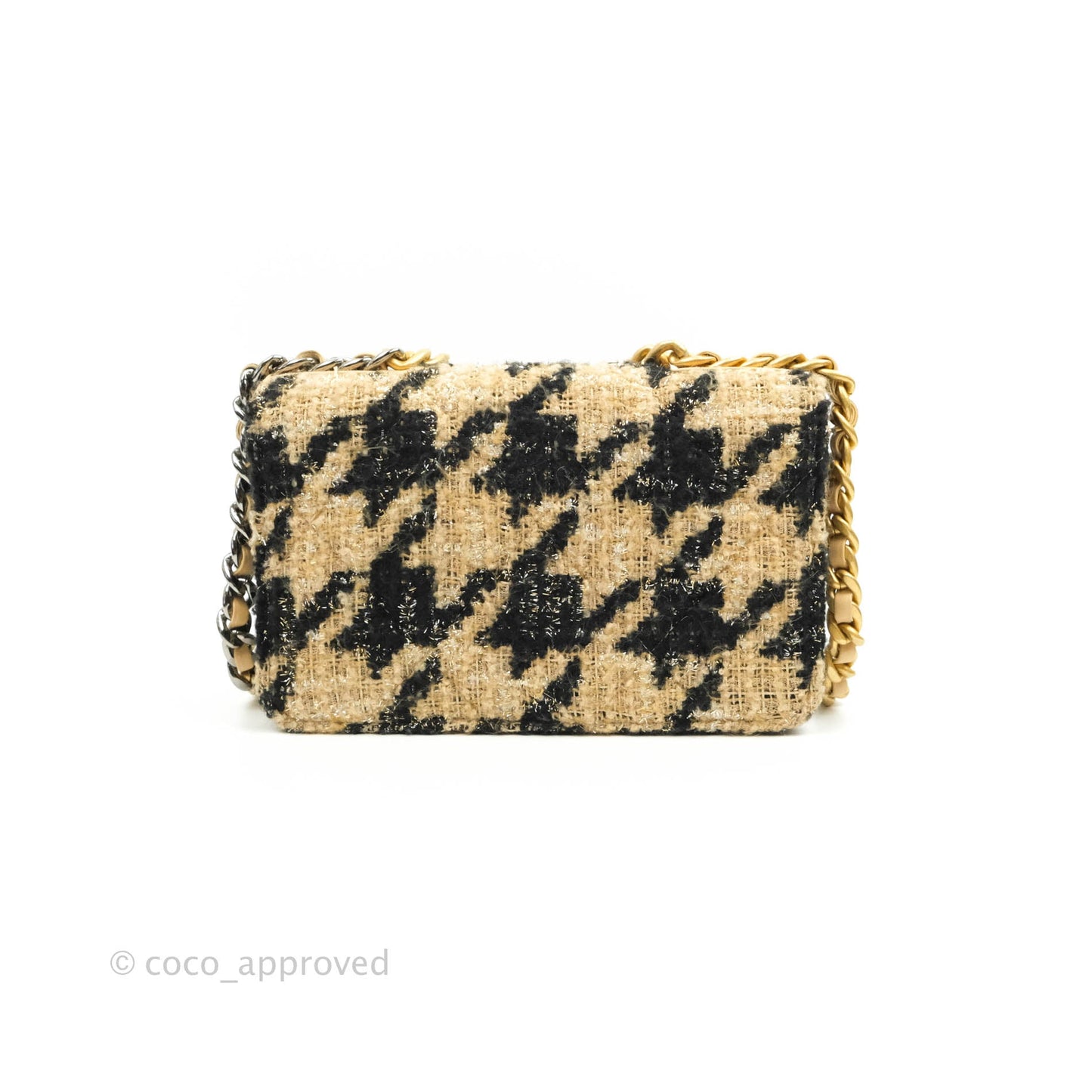 Chanel 19 Wallet On Chain WOC Houndstooth Beige Black Tweed Gold Hardware