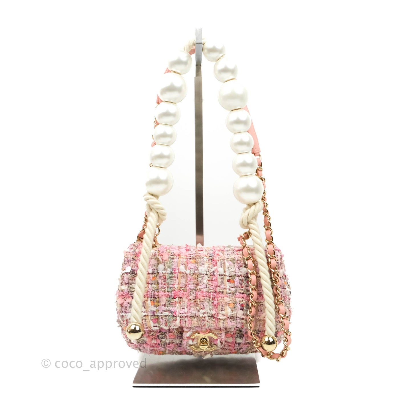 Chanel Small Pink Tweed Flap Bag With Large Pearl Handle Gold Hardware