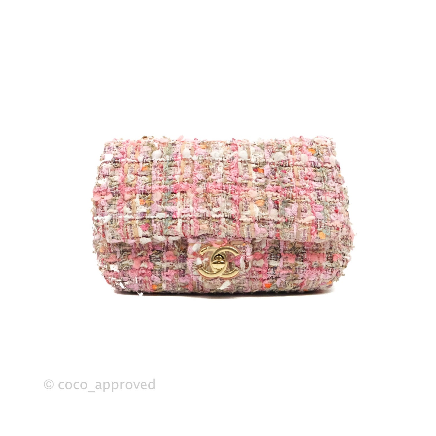 Chanel Small Pink Tweed Flap Bag With Large Pearl Handle Gold Hardware