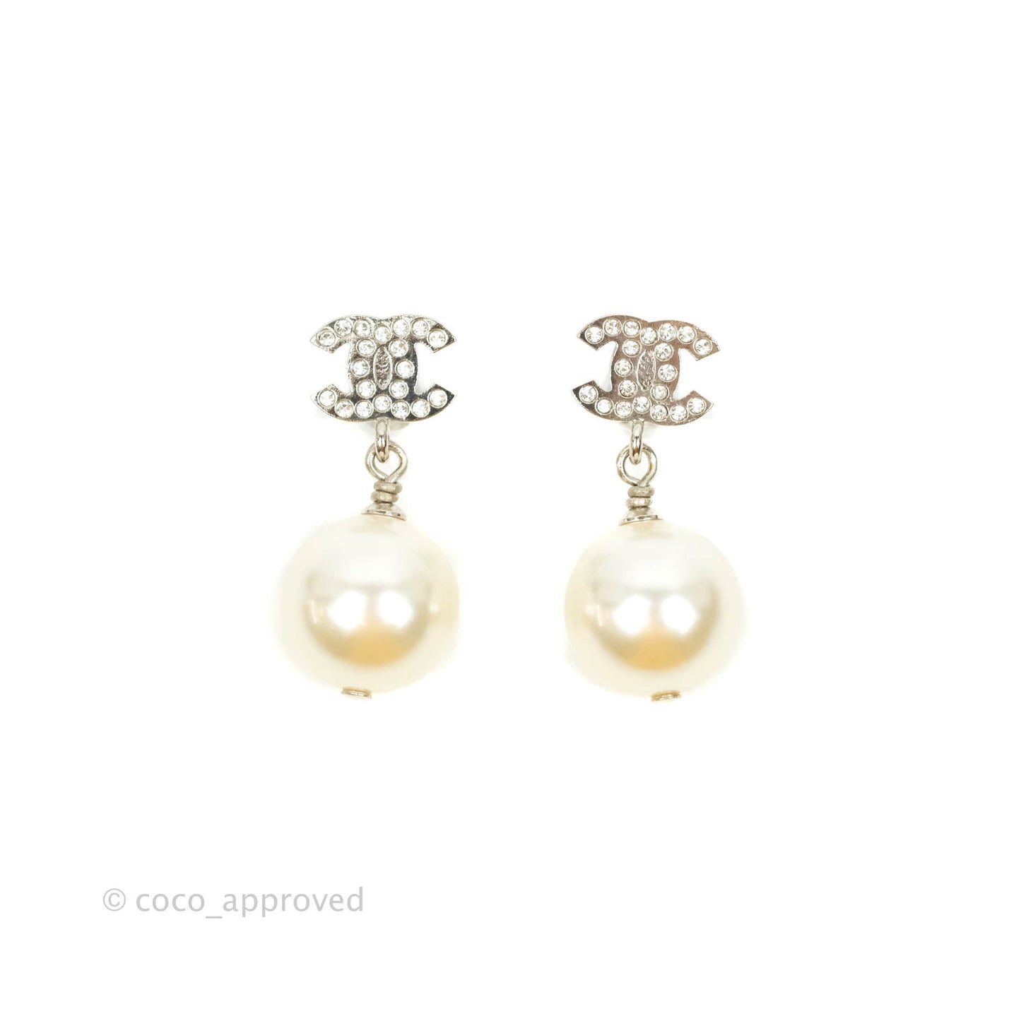 Chanel Crystal CC Pearl Drop Earrings Silver Hardware 21V