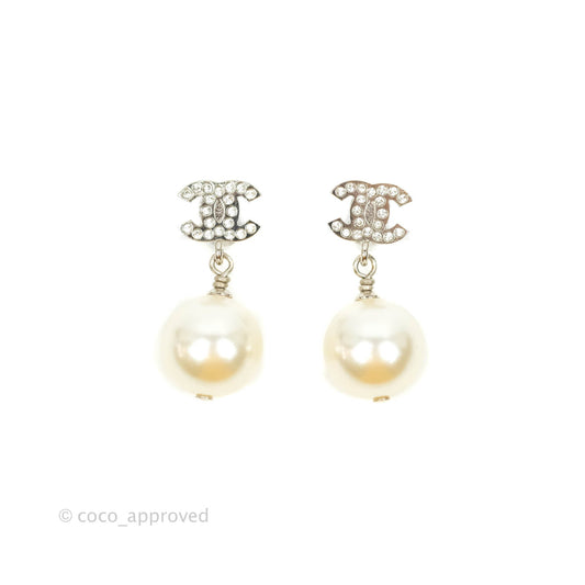 Chanel Crystal CC Pearl Drop Earrings Silver Hardware 21V