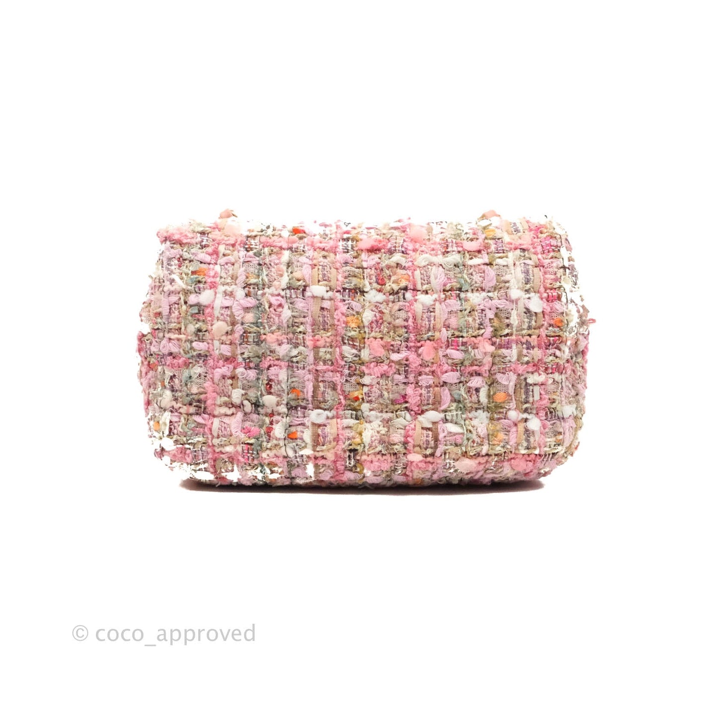 Chanel Small Pink Tweed Flap Bag With Large Pearl Handle Gold Hardware