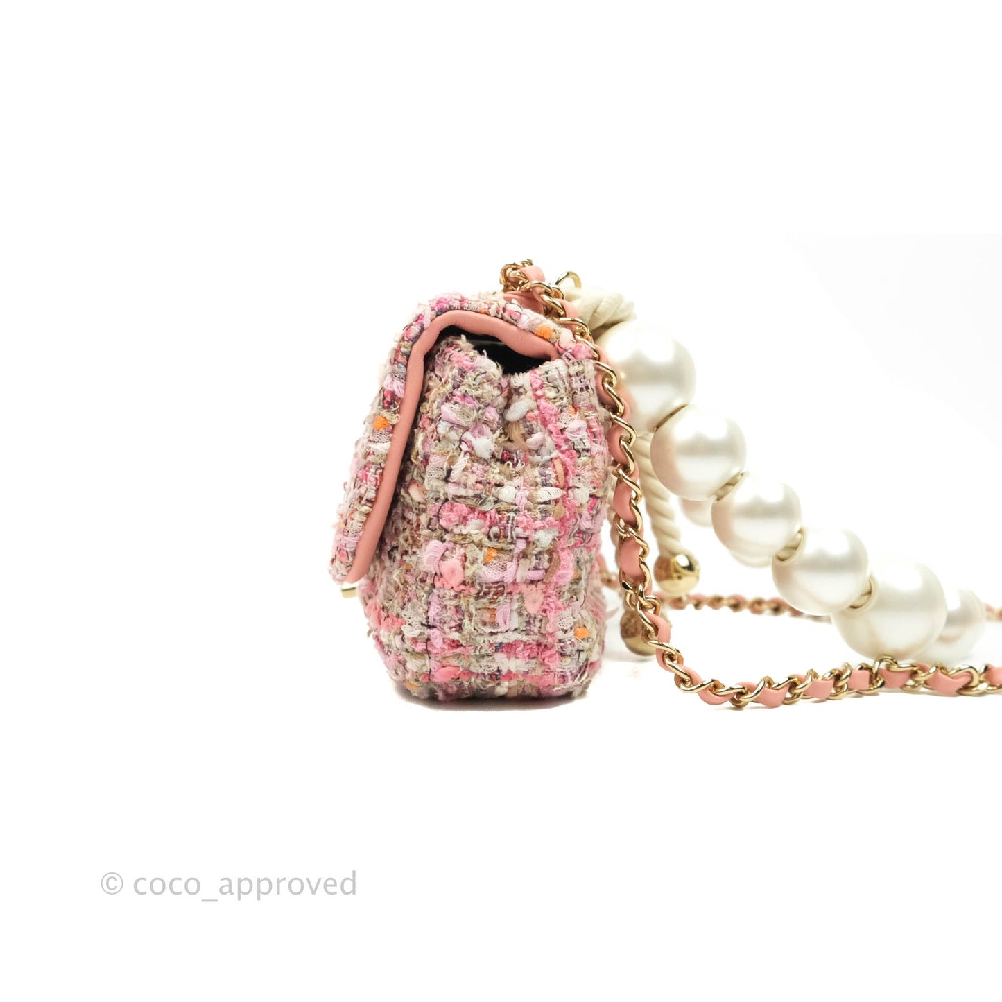 Chanel Small Pink Tweed Flap Bag With Large Pearl Handle Gold Hardware