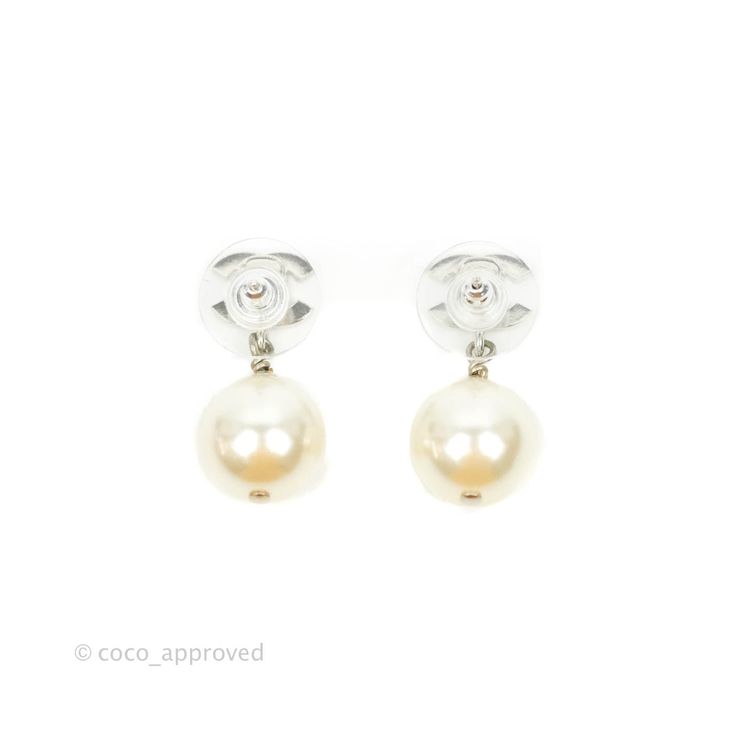 Chanel Crystal CC Pearl Drop Earrings Silver Hardware 21V