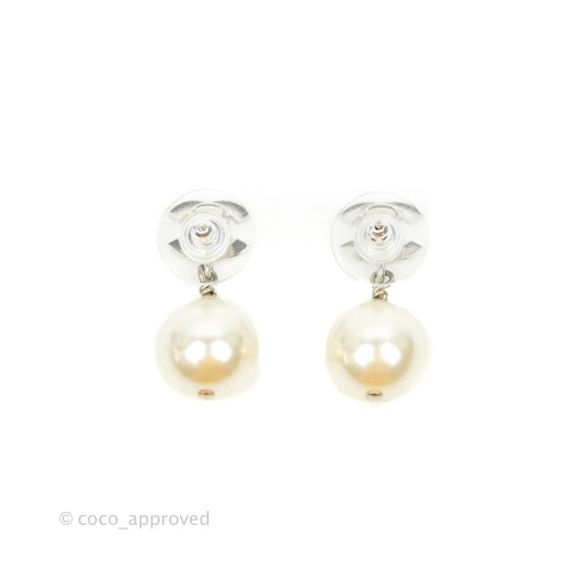 Chanel Crystal CC Pearl Drop Earrings Silver Hardware 21V