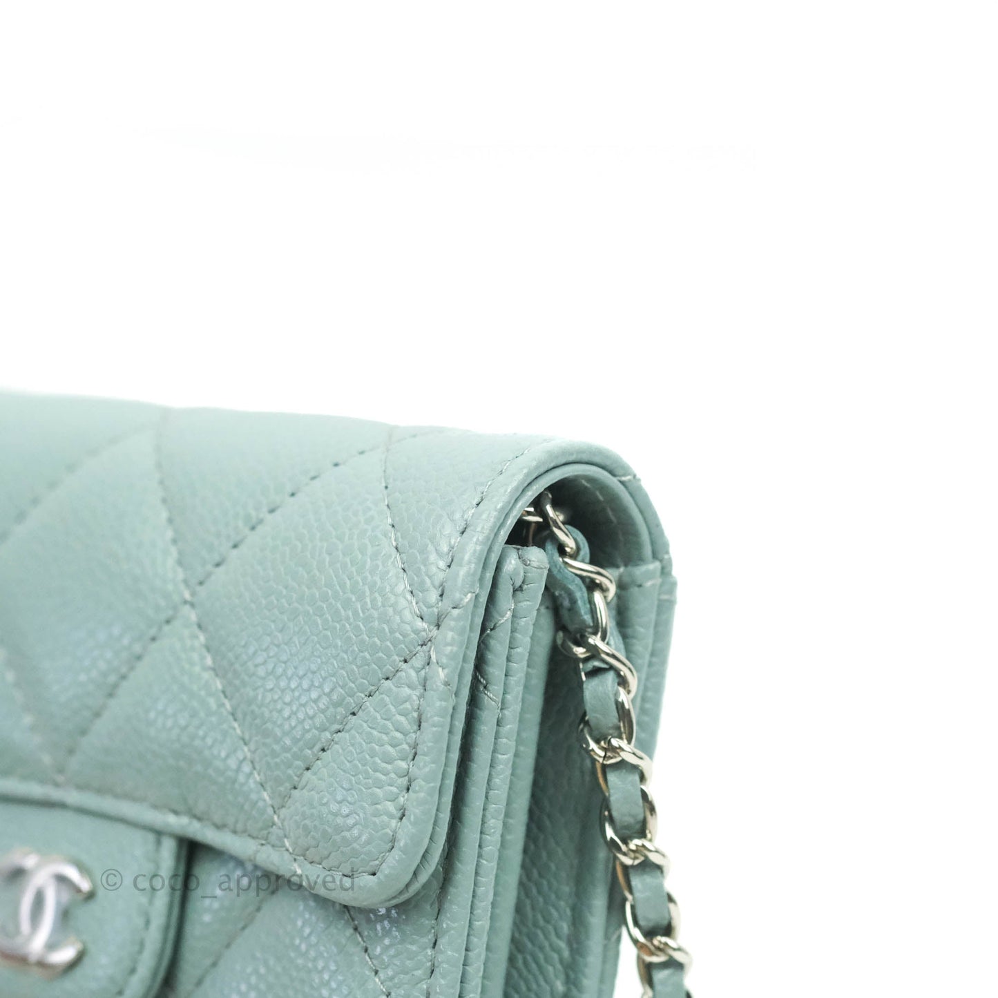 Chanel Mini Wallet With Chain Light Blue Caviar Silver Hardware 20B