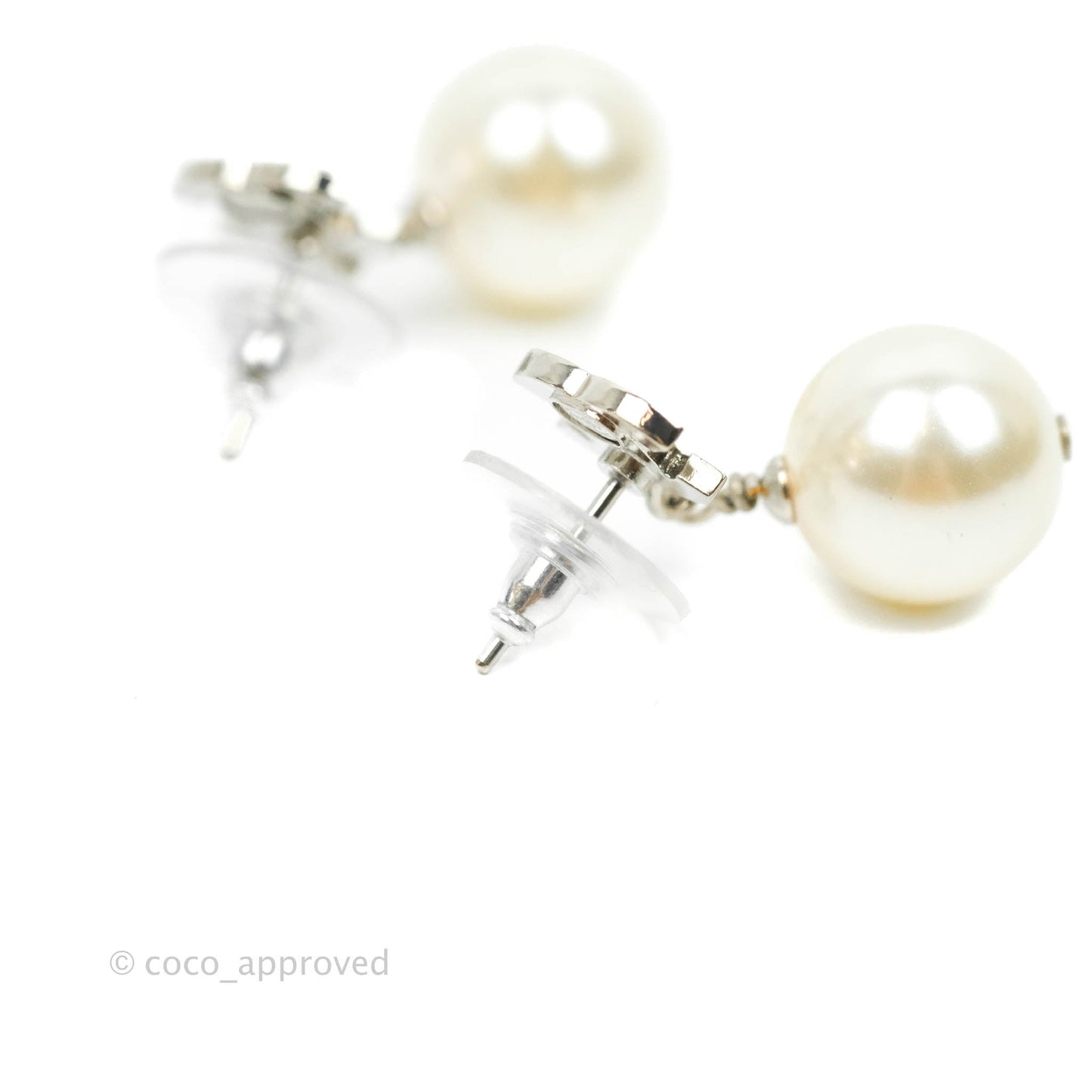 Chanel Crystal CC Pearl Drop Earrings Silver Hardware 21V