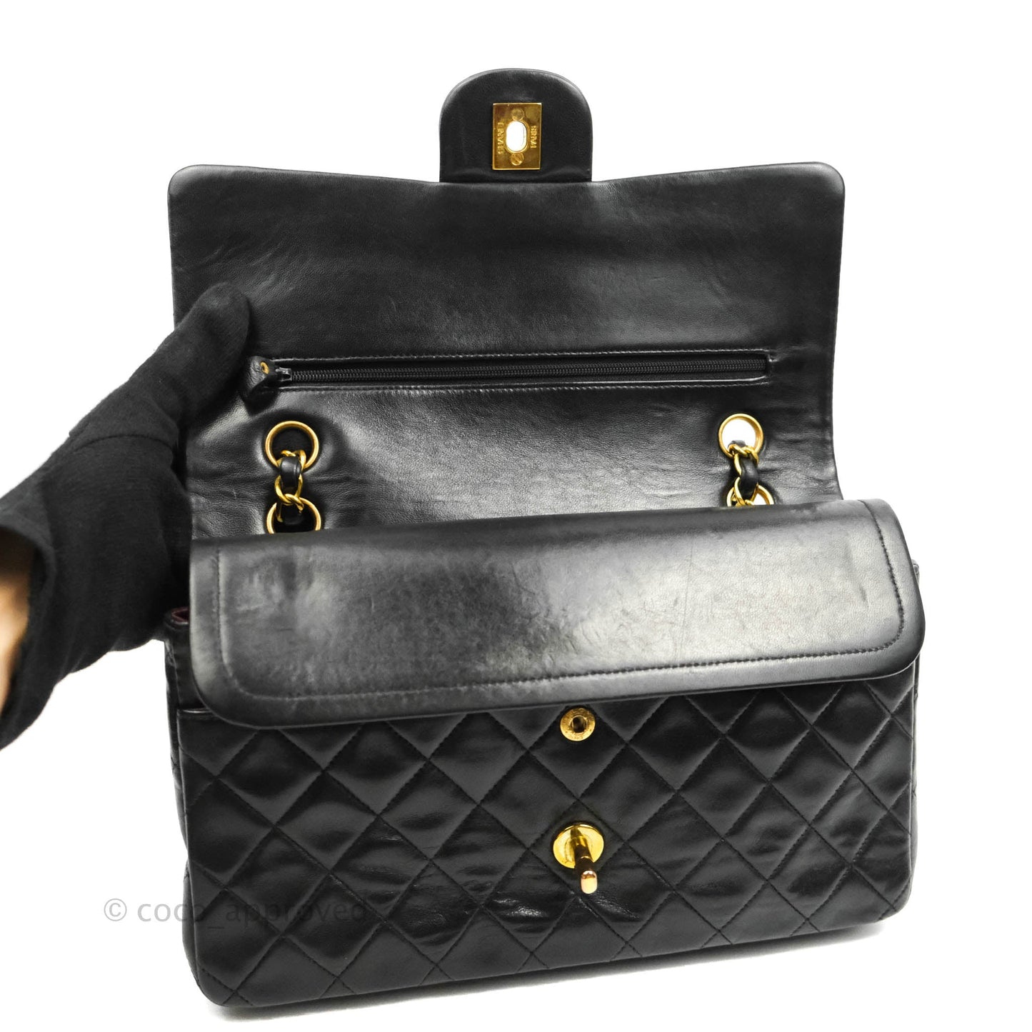 Chanel Vintage Classic M/L Medium Double Flap Bag Black Lambskin 24K Gold Hardware