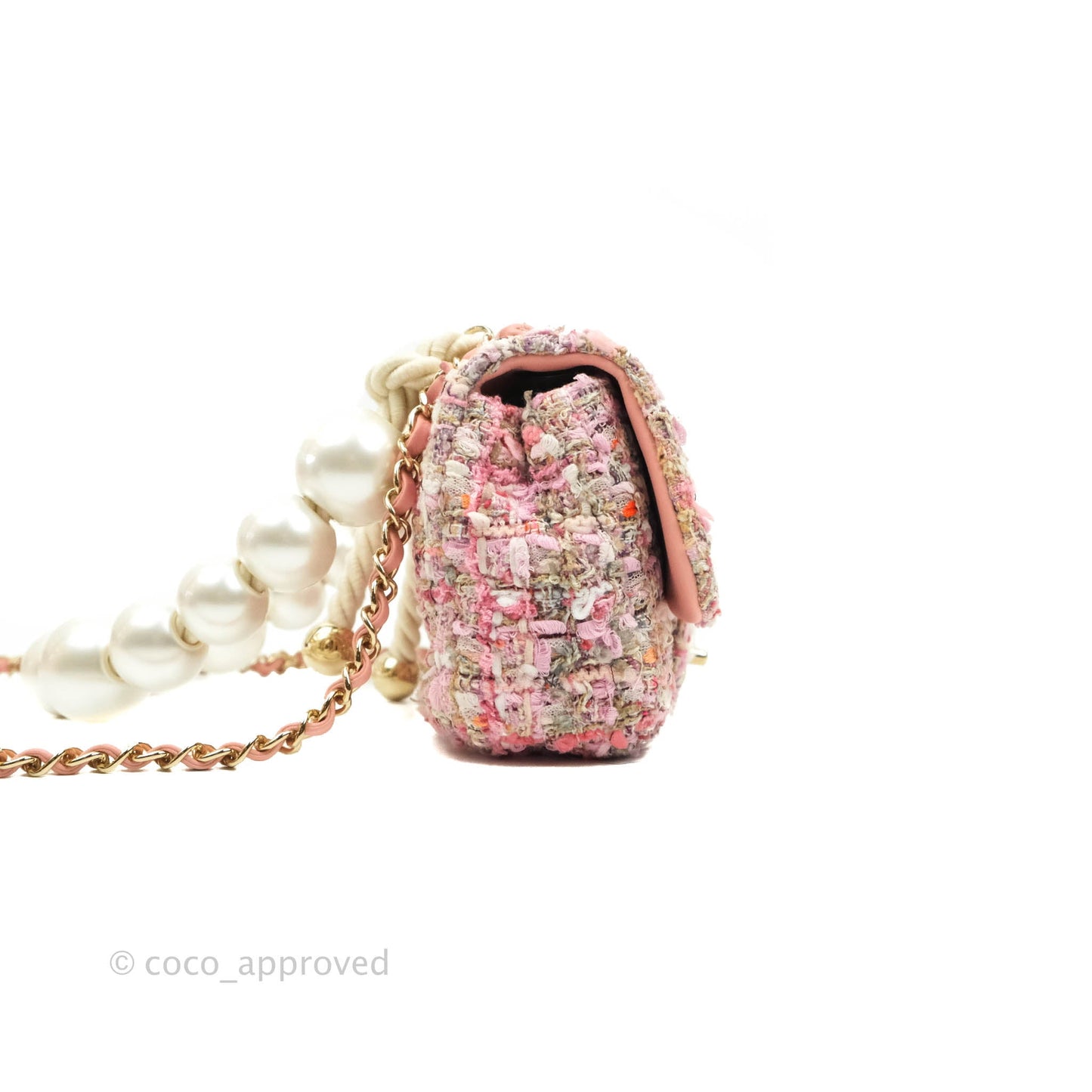 Chanel Small Pink Tweed Flap Bag With Large Pearl Handle Gold Hardware