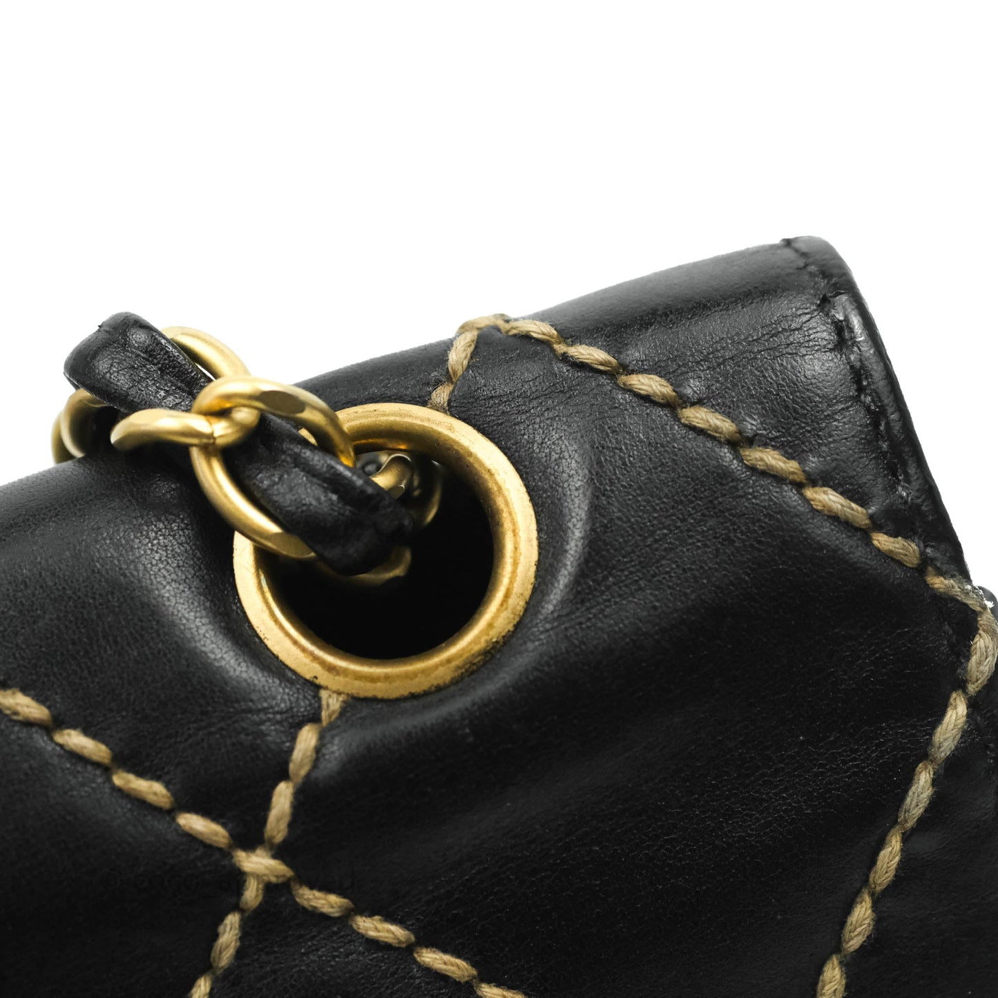 Chanel Vintage Medium Single Flap Contrast Stitching Black Calfskin Aged Gold Hardware
