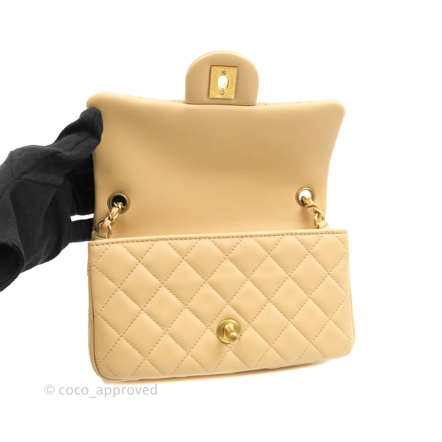 Chanel Mini Rectangular Pearl Crush Quilted Beige Lambskin Aged Gold Hardware 22C