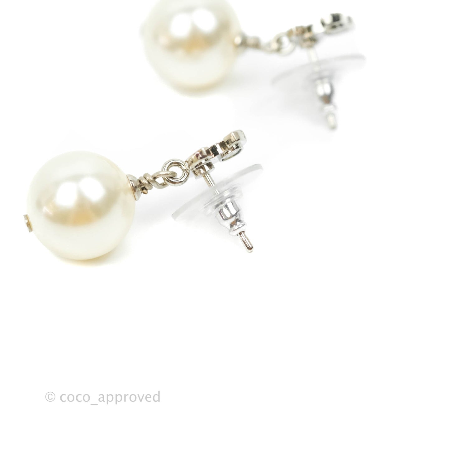 Chanel Crystal CC Pearl Drop Earrings Silver Hardware 21V