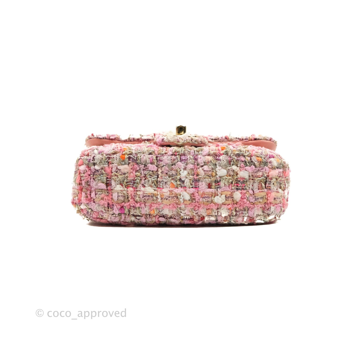 Chanel Small Pink Tweed Flap Bag With Large Pearl Handle Gold Hardware
