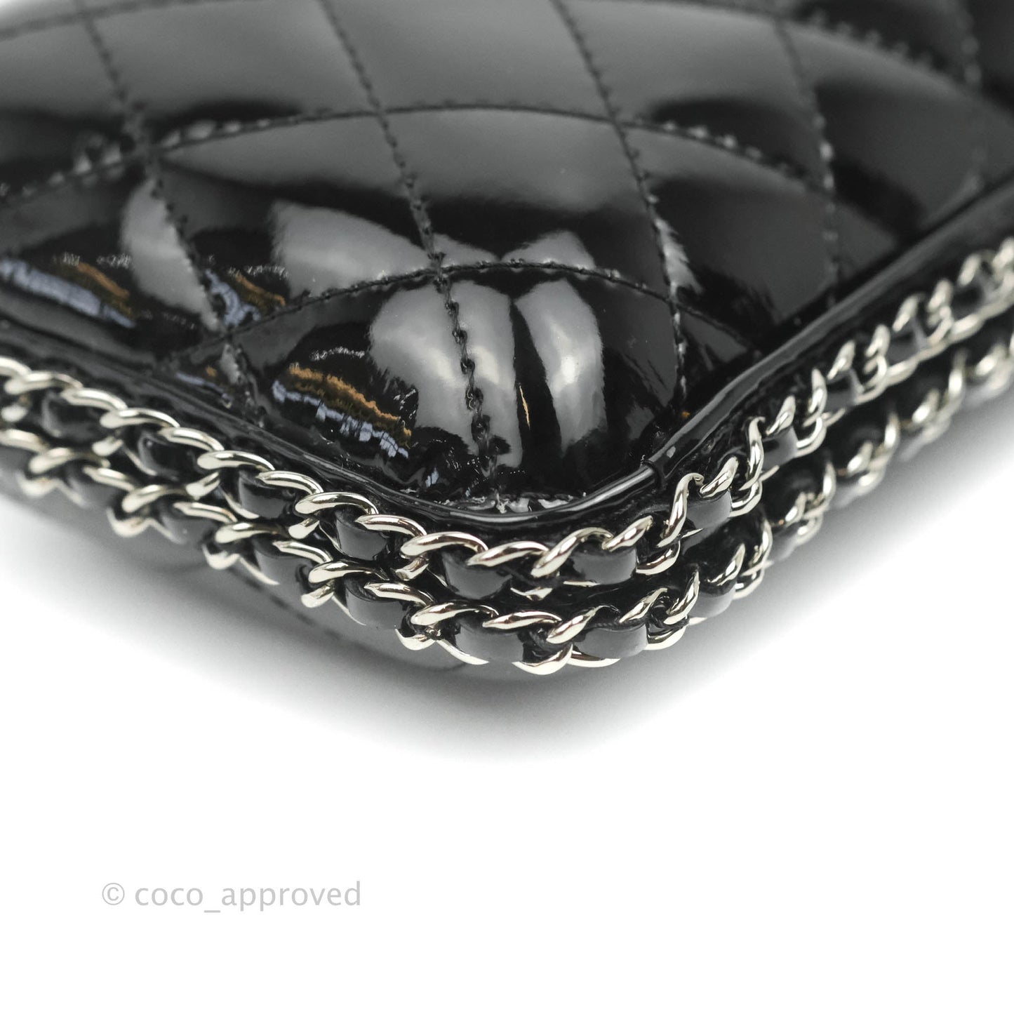 Chanel Quilted Chain Around Clutch Black Patent Silver Hardware