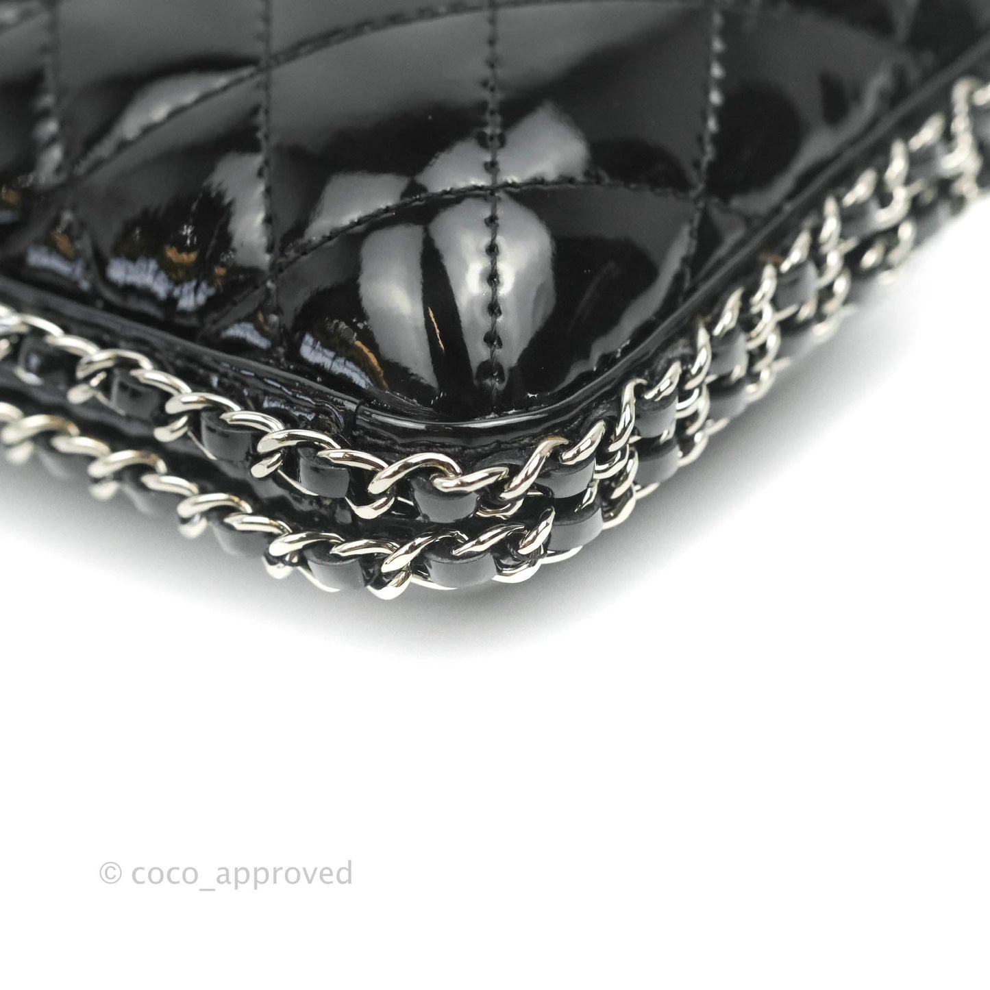 Chanel Quilted Chain Around Clutch Black Patent Silver Hardware