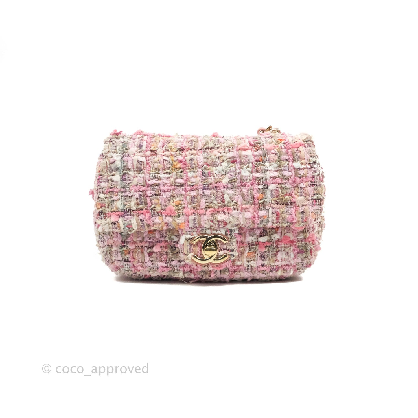 Chanel Small Pink Tweed Flap Bag With Large Pearl Handle Gold Hardware 19S