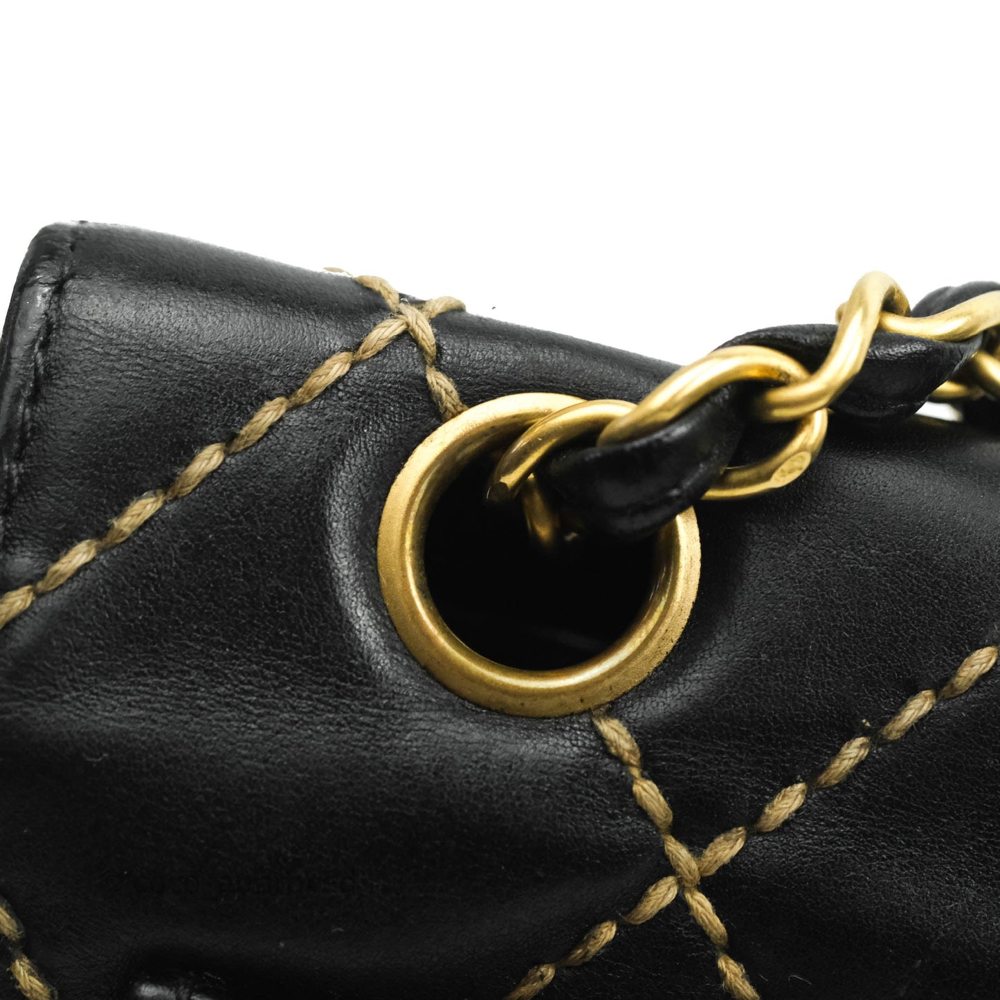 Chanel Vintage Medium Single Flap Contrast Stitching Black Calfskin Aged Gold Hardware