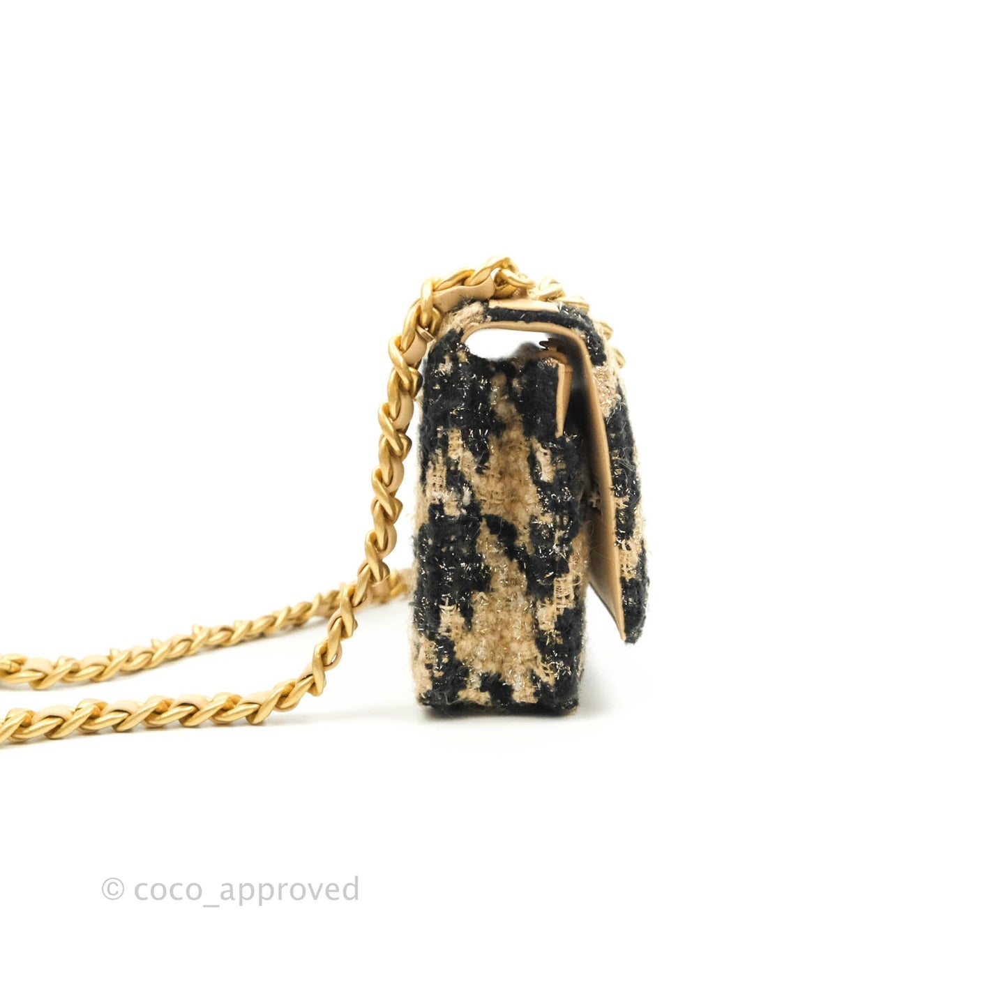 Chanel 19 Wallet On Chain WOC Houndstooth Beige Black Tweed Gold Hardware