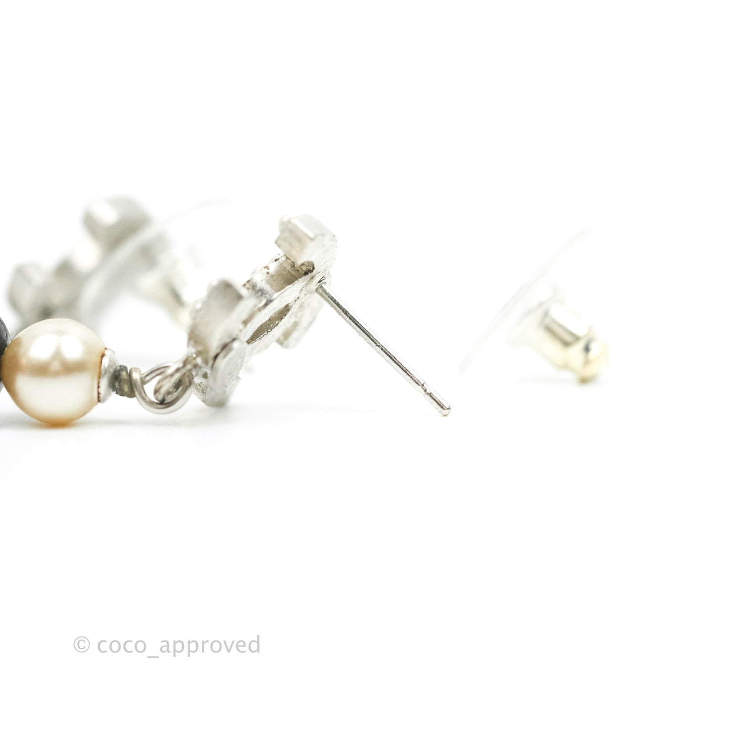 Chanel Crystal CC Drop Pearl Earrings Silver Tone