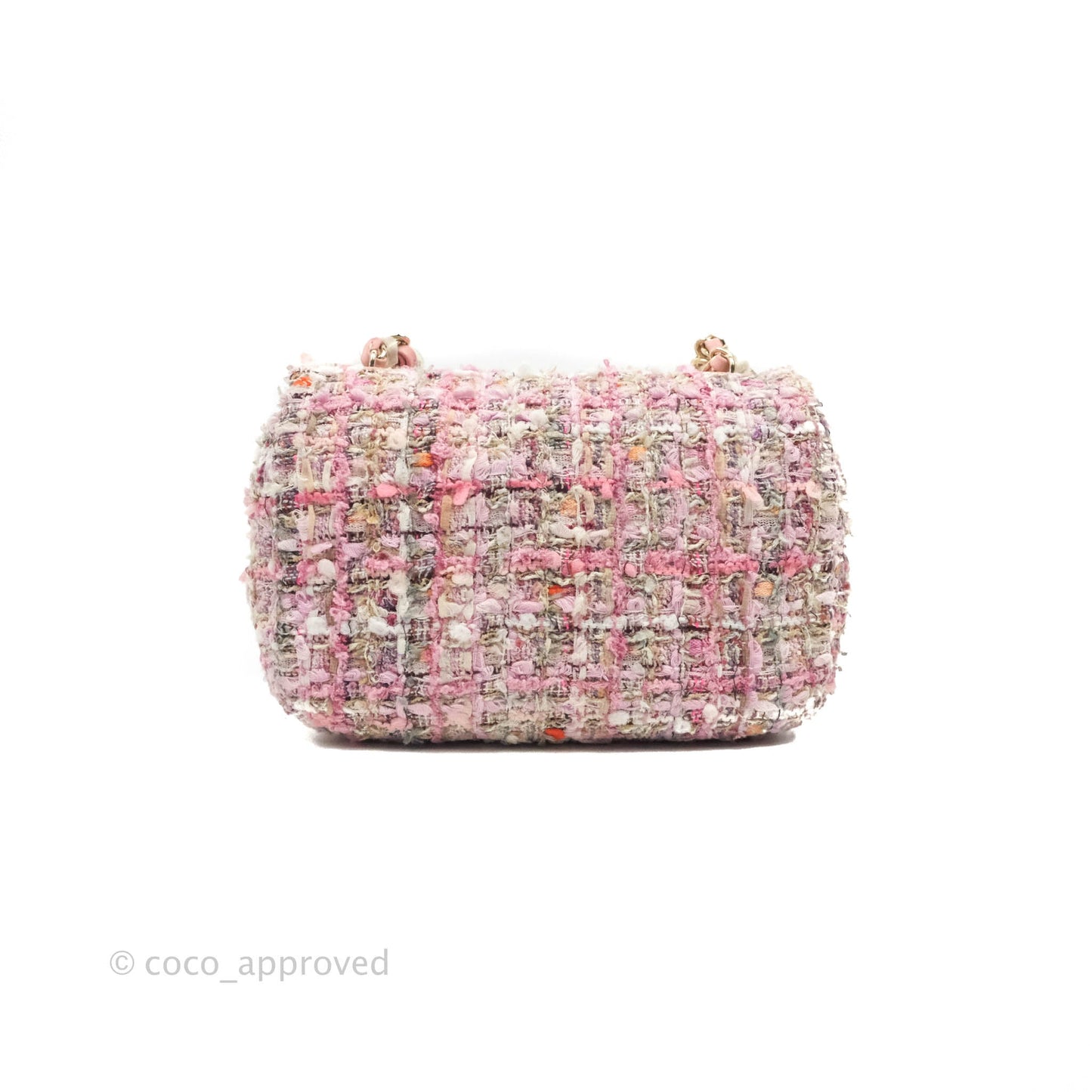 Chanel Small Pink Tweed Flap Bag With Large Pearl Handle Gold Hardware 19S