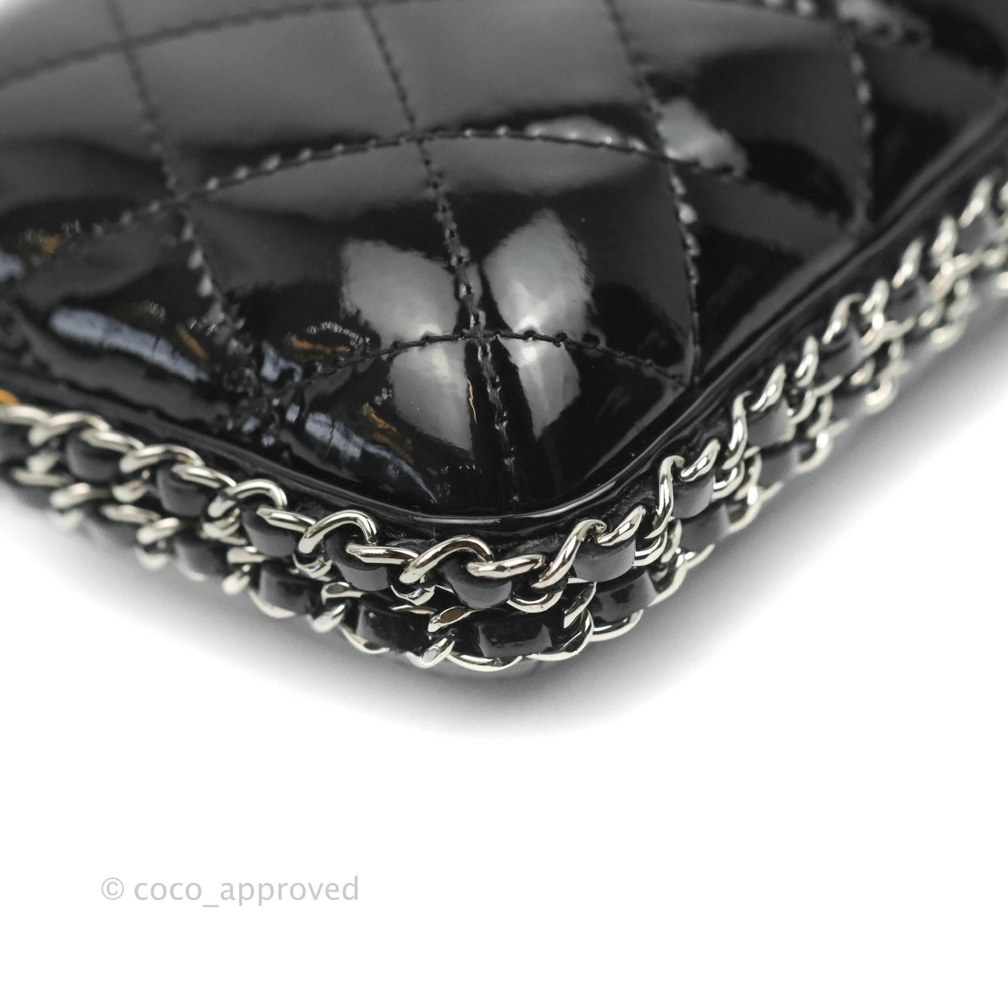 Chanel Quilted Chain Around Clutch Black Patent Silver Hardware