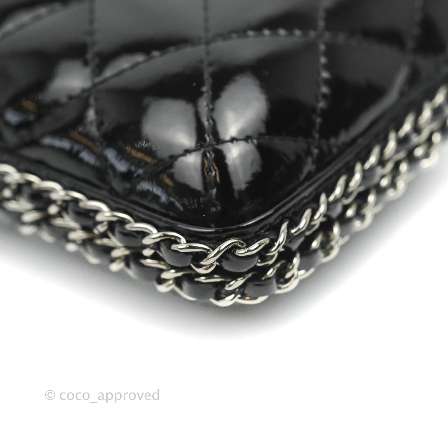 Chanel Quilted Chain Around Clutch Black Patent Silver Hardware