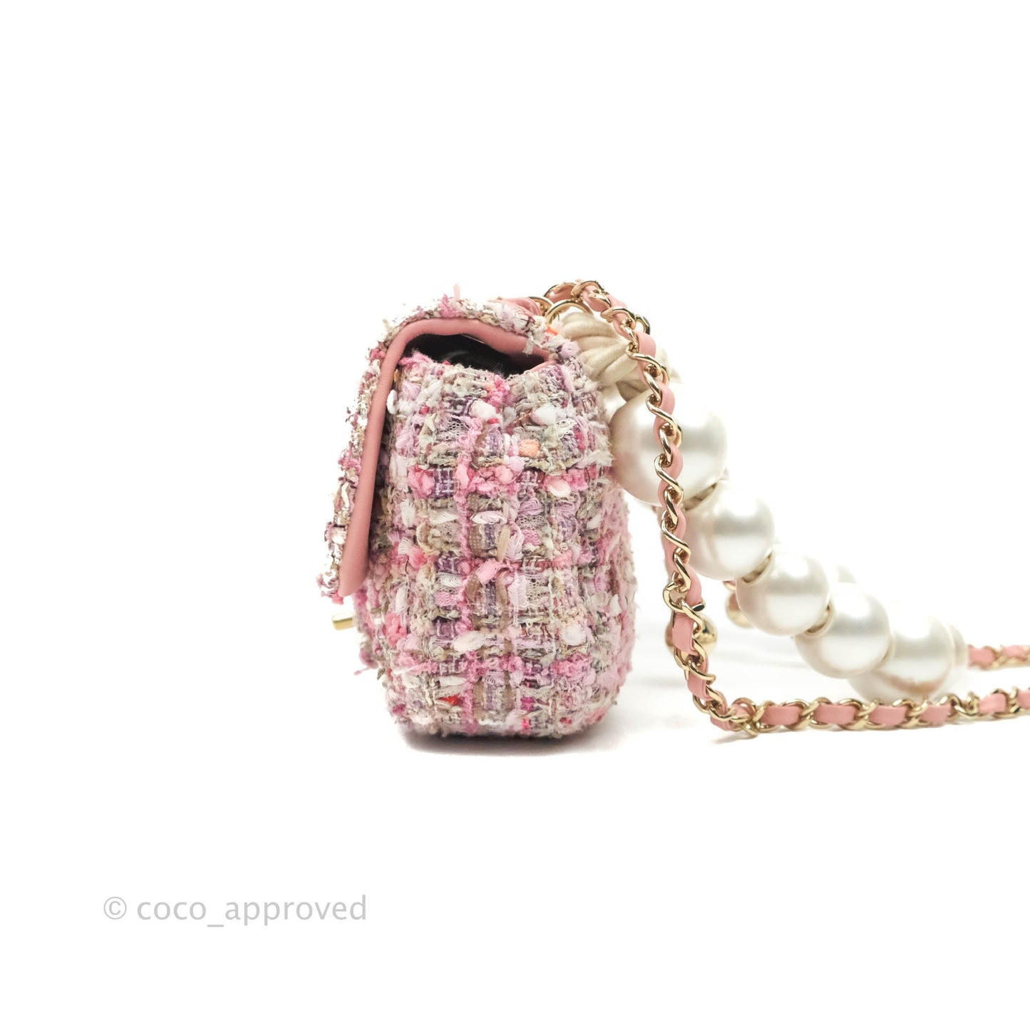 Chanel Small Pink Tweed Flap Bag With Large Pearl Handle Gold Hardware 19S