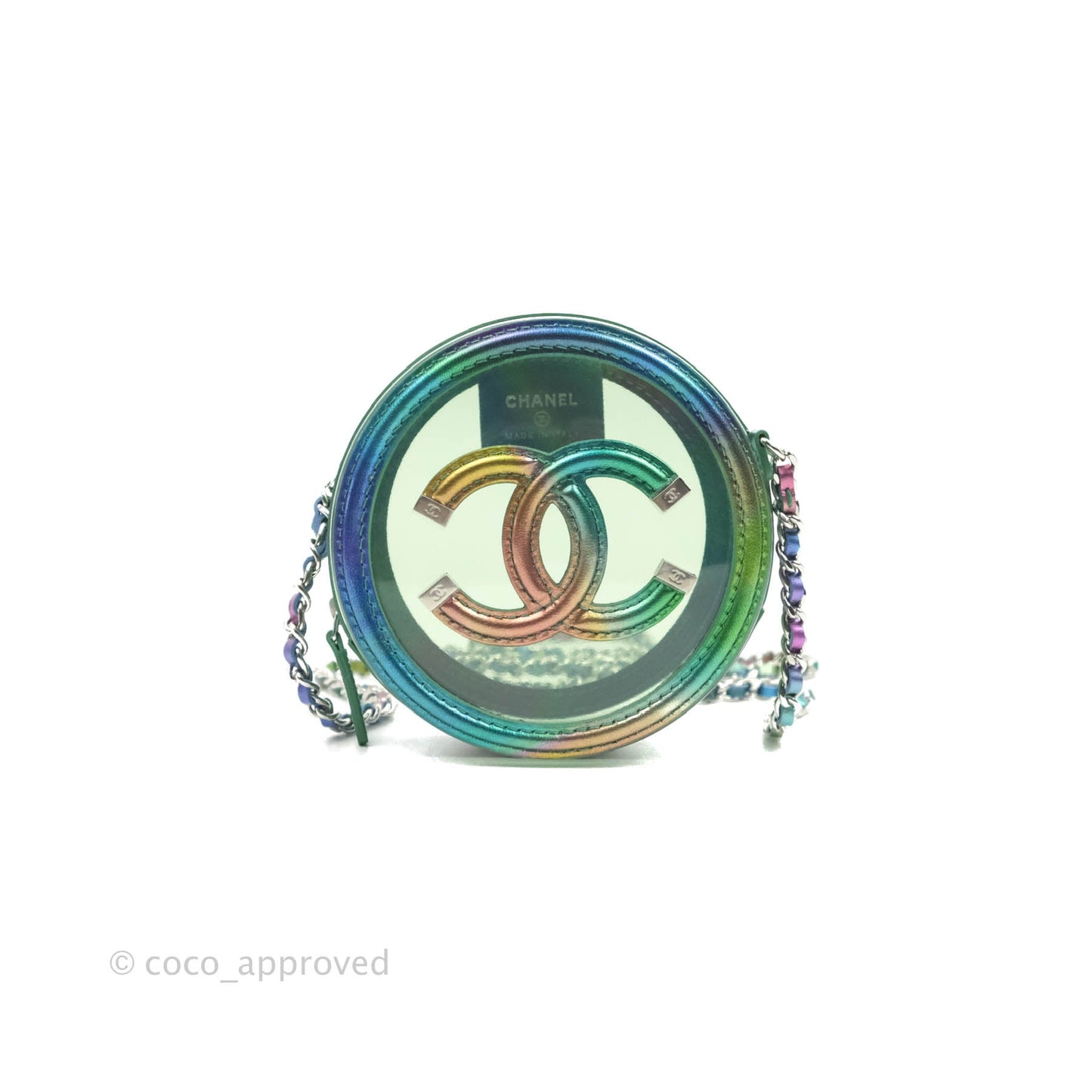 Chanel Filigree Rainbow Green PVC Round Clutch With Chain Silver Hardware 20C