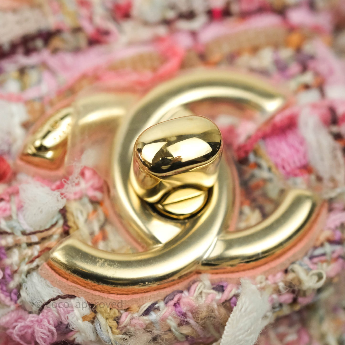 Chanel Small Pink Tweed Flap Bag With Large Pearl Handle Gold Hardware