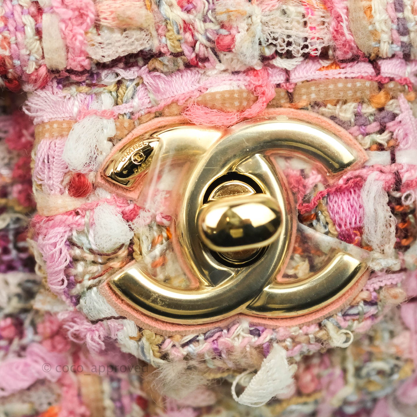 Chanel Small Pink Tweed Flap Bag With Large Pearl Handle Gold Hardware