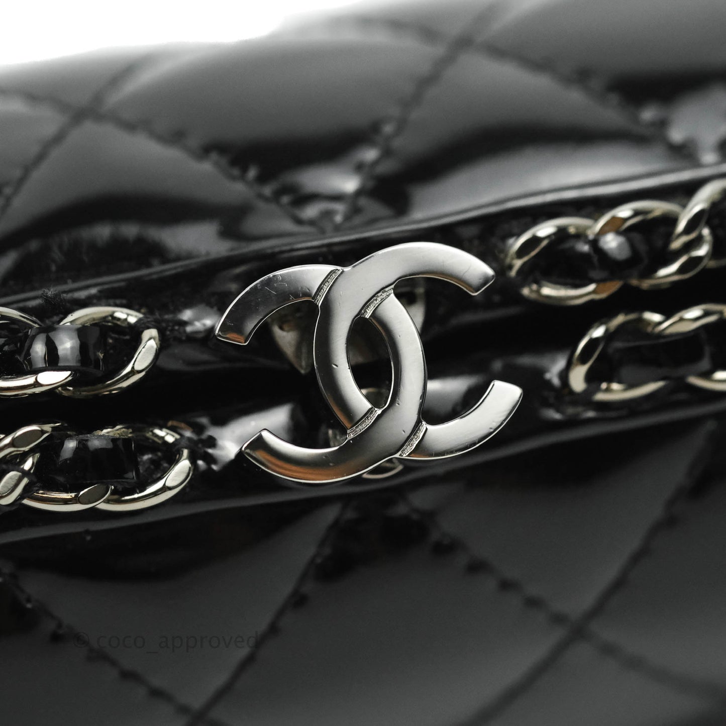 Chanel Quilted Chain Around Clutch Black Patent Silver Hardware