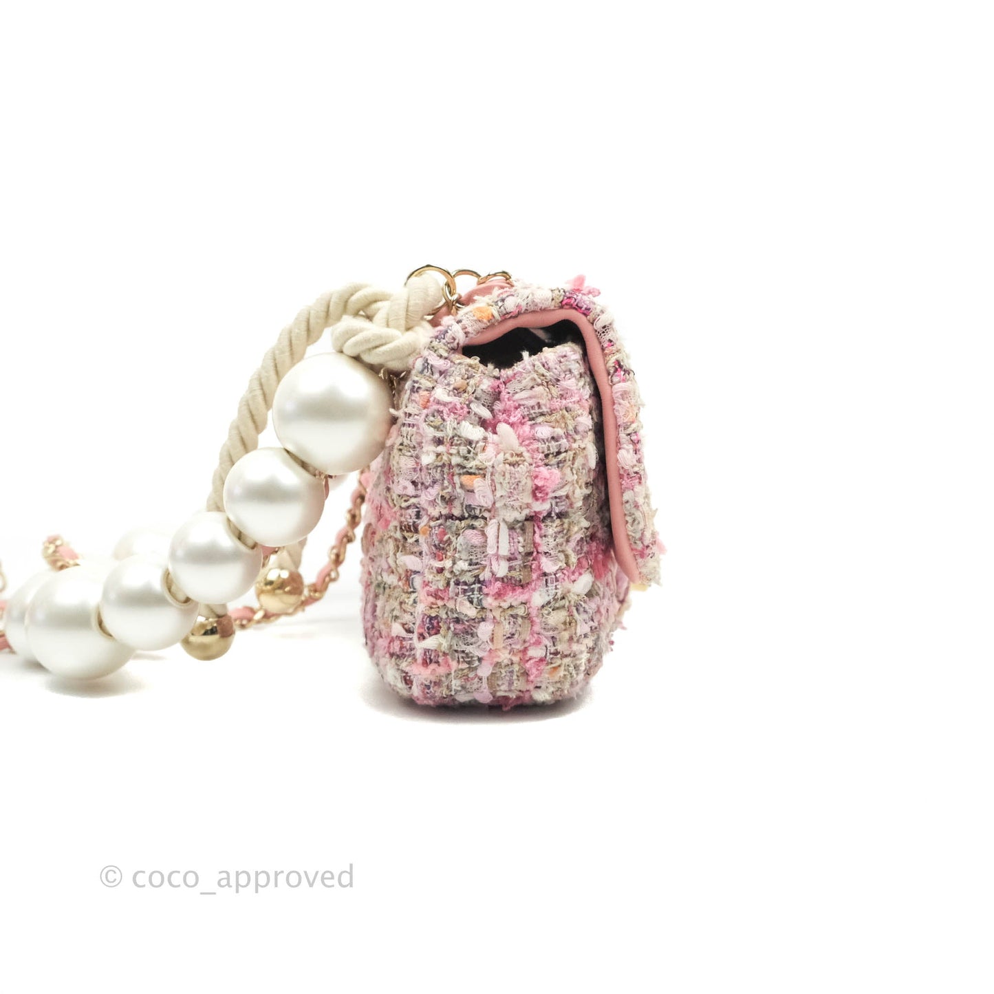 Chanel Small Pink Tweed Flap Bag With Large Pearl Handle Gold Hardware 19S
