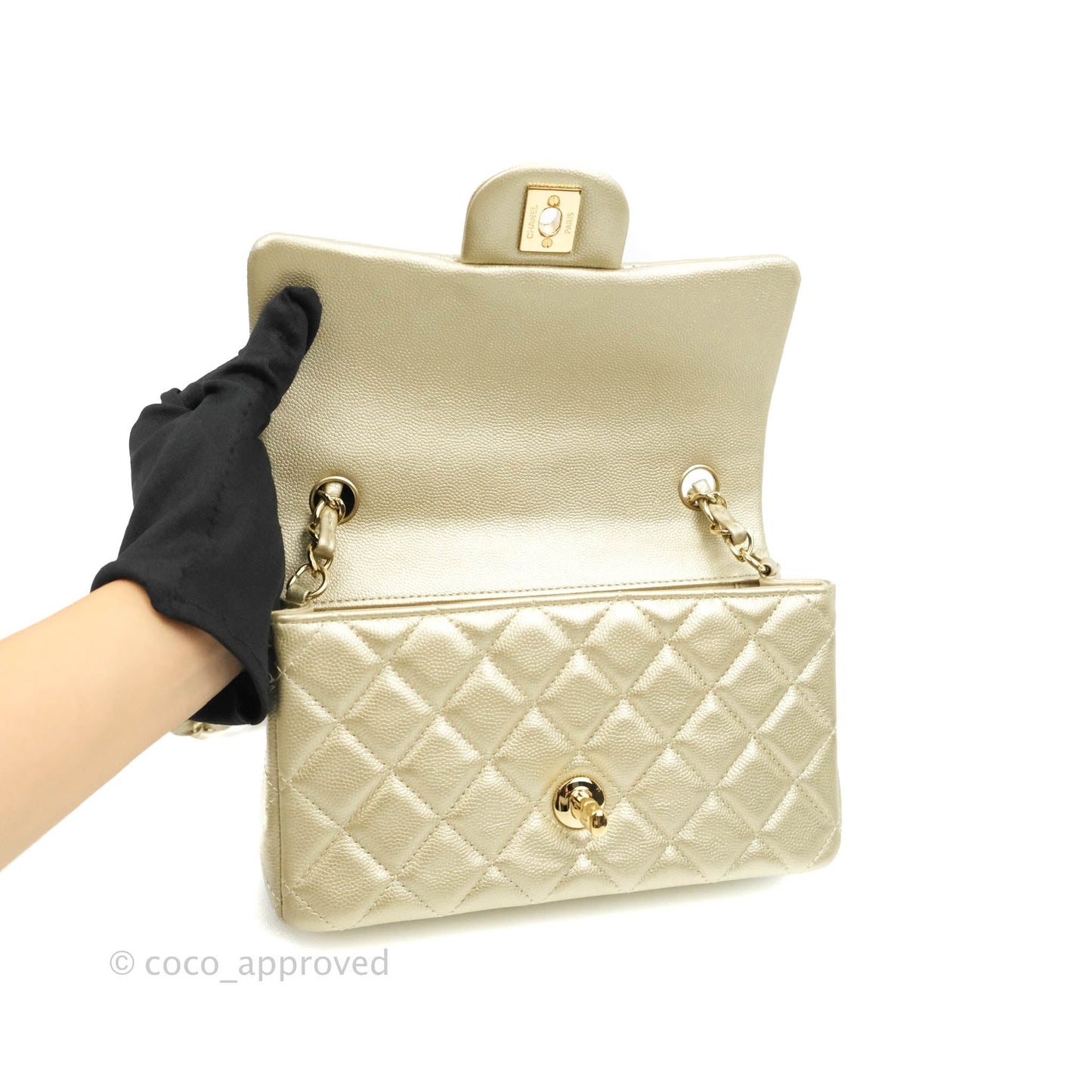 Chanel Quilted Mini Rectangular Flap Champagne Caviar Gold Hardware