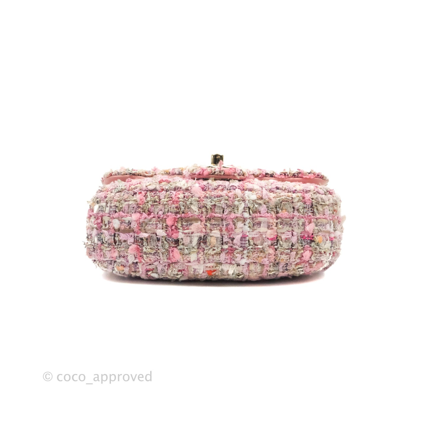 Chanel Small Pink Tweed Flap Bag With Large Pearl Handle Gold Hardware 19S