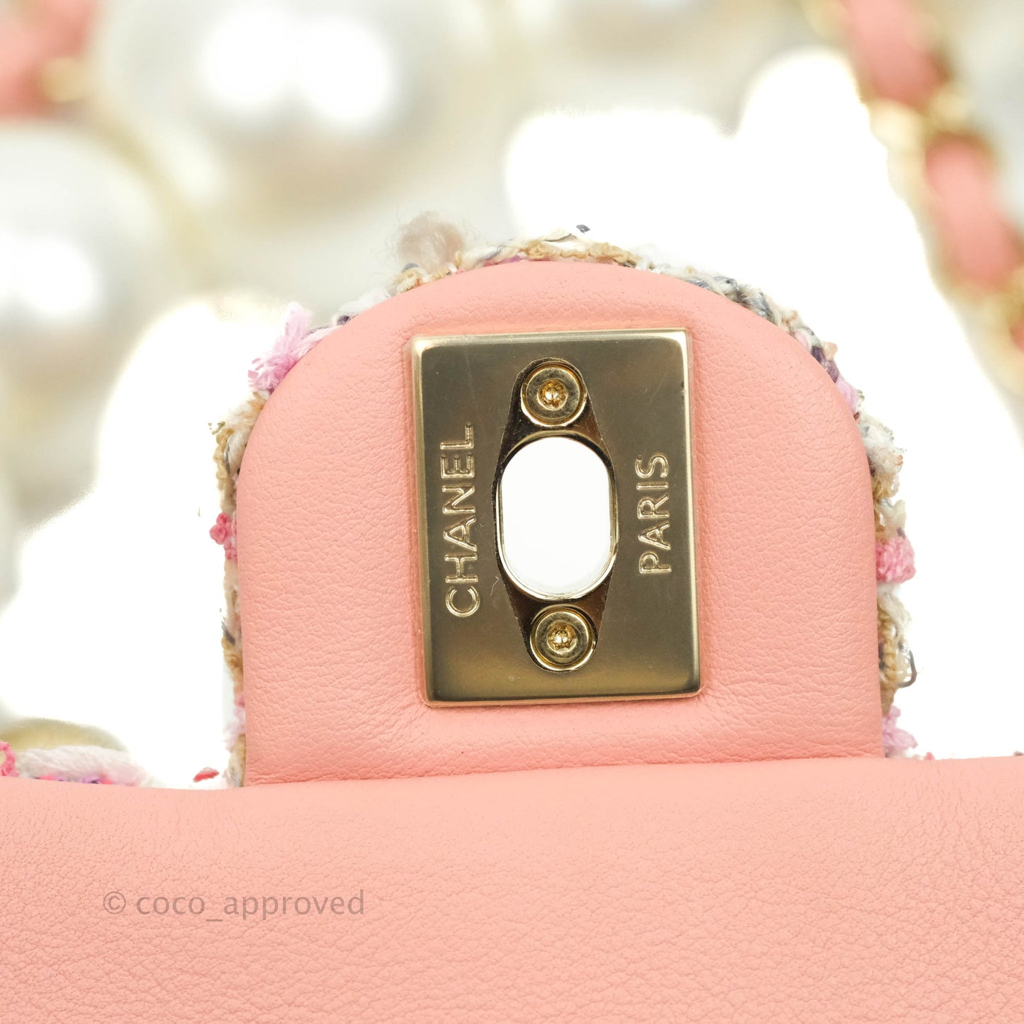 Chanel Small Pink Tweed Flap Bag With Large Pearl Handle Gold Hardware