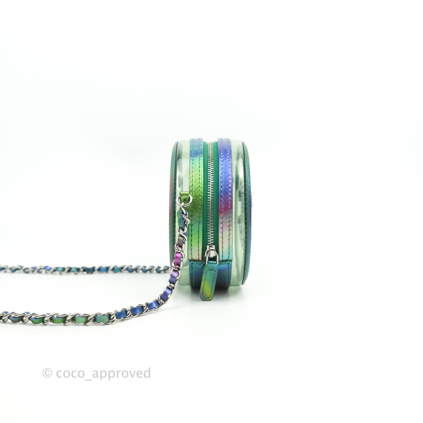 Chanel Filigree Rainbow Green PVC Round Clutch With Chain Silver Hardware 20C