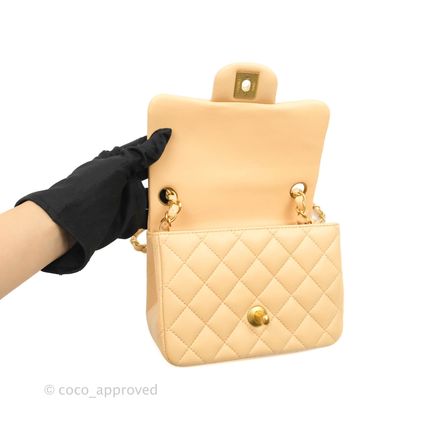 Chanel Quilted Mini Square Light Beige Lambskin Aged Gold Hardware
